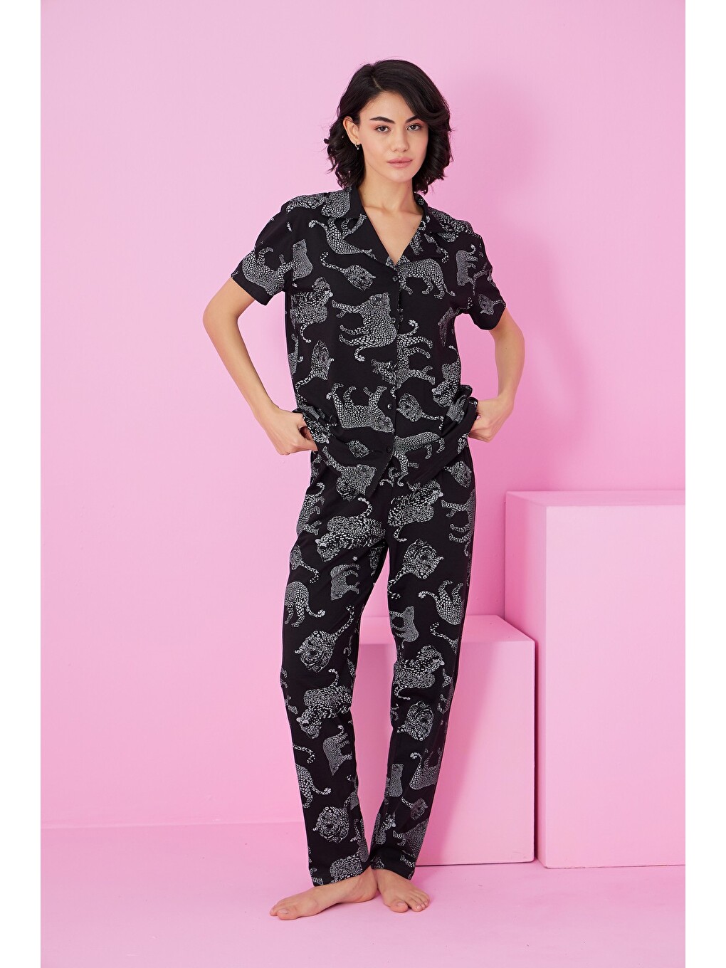 Karışık Gömlek Yaka Düğmeli Örme Pijama Takım-2