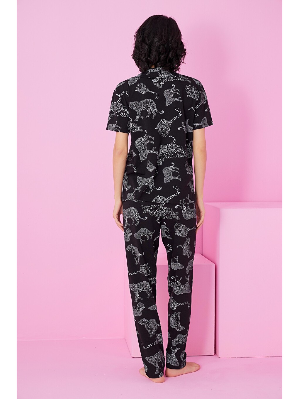 Karışık Gömlek Yaka Düğmeli Örme Pijama Takım-3