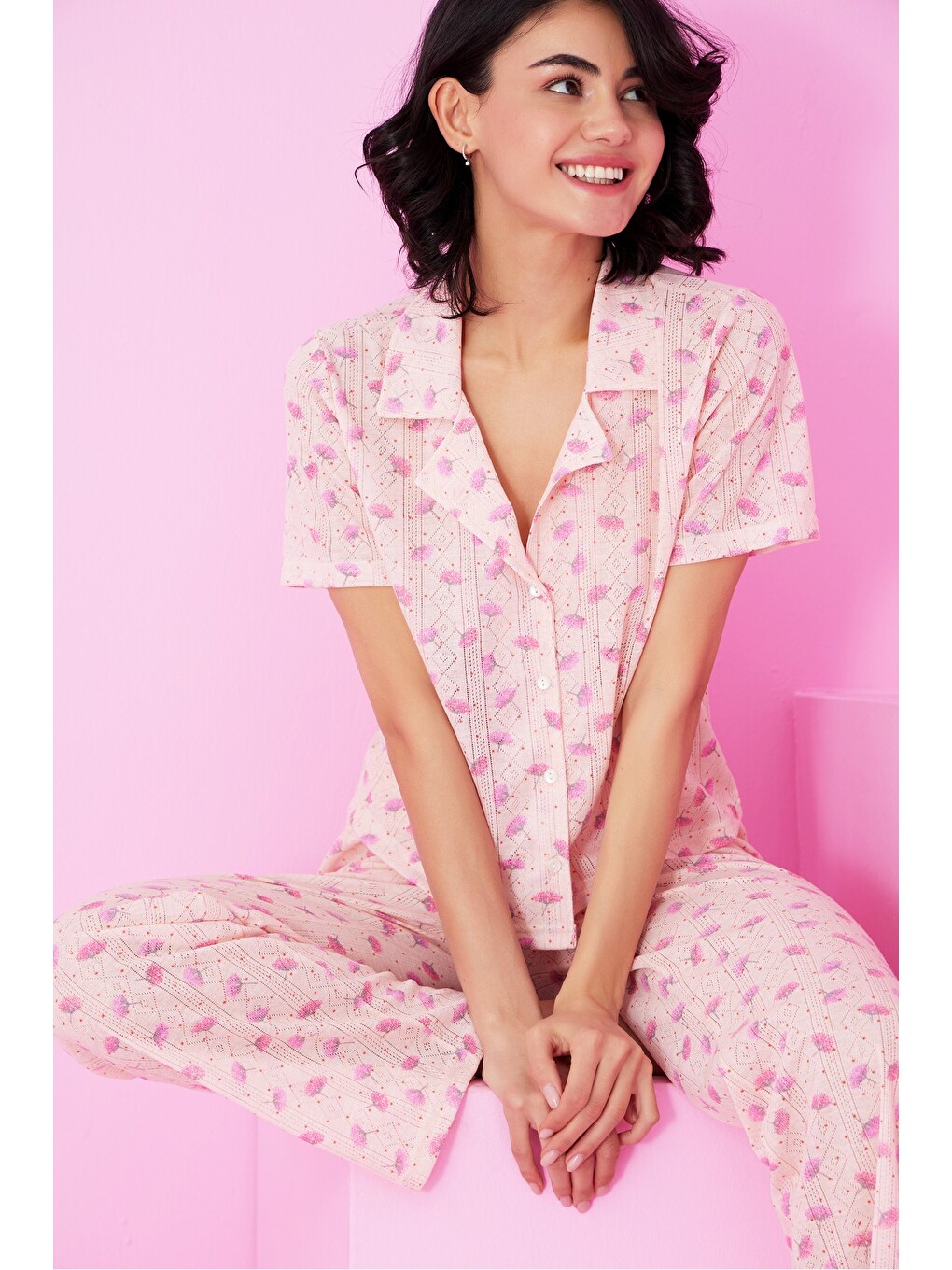 Karışık Pointel Ajurlu/delikli Gömlek Yaka Örme Düğmeli Pijama Takım