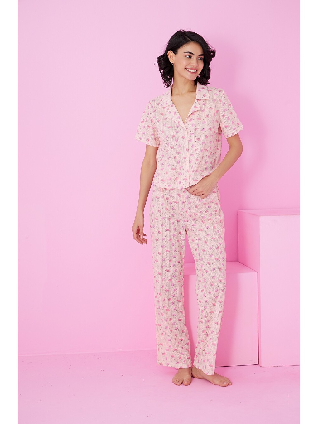 Karışık Pointel Ajurlu/delikli Gömlek Yaka Örme Düğmeli Pijama Takım-1
