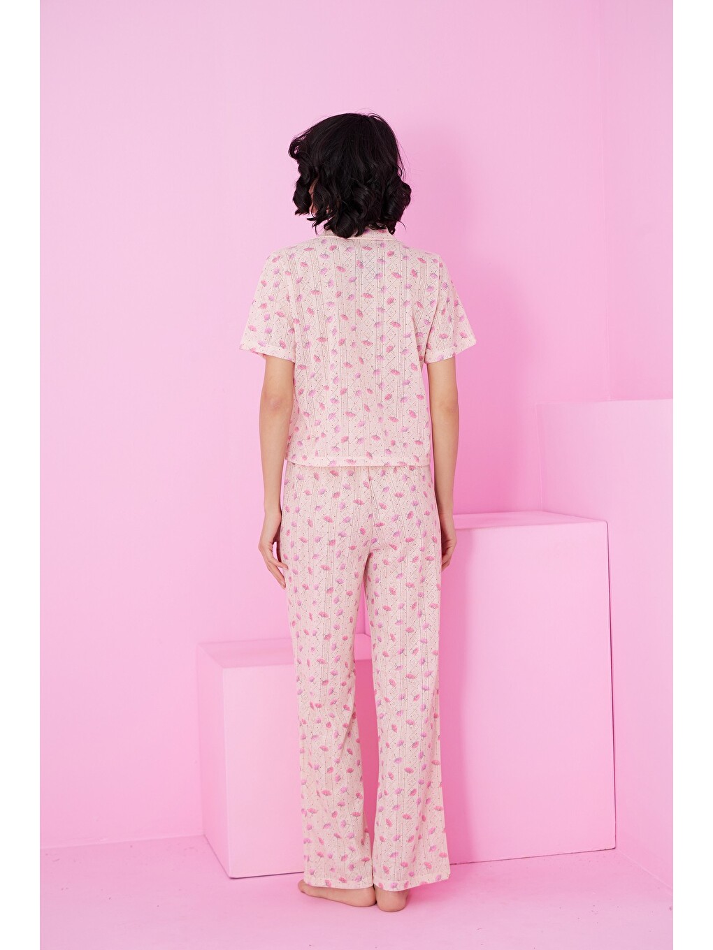Karışık Pointel Ajurlu/delikli Gömlek Yaka Örme Düğmeli Pijama Takım-2