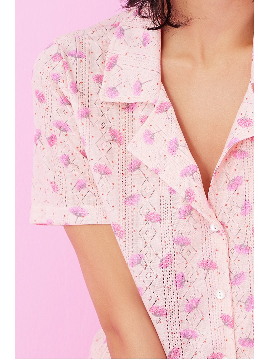 Karışık Pointel Ajurlu/delikli Gömlek Yaka Örme Düğmeli Pijama Takım-3