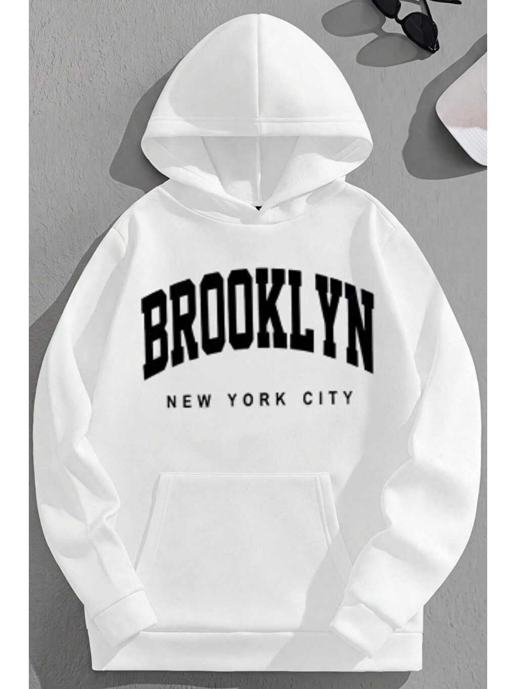 Unisex 3 İplik Pamuklu Beyaz Brooklynnyc Baskı Bol Kalıp Sweatshirt Hoodie