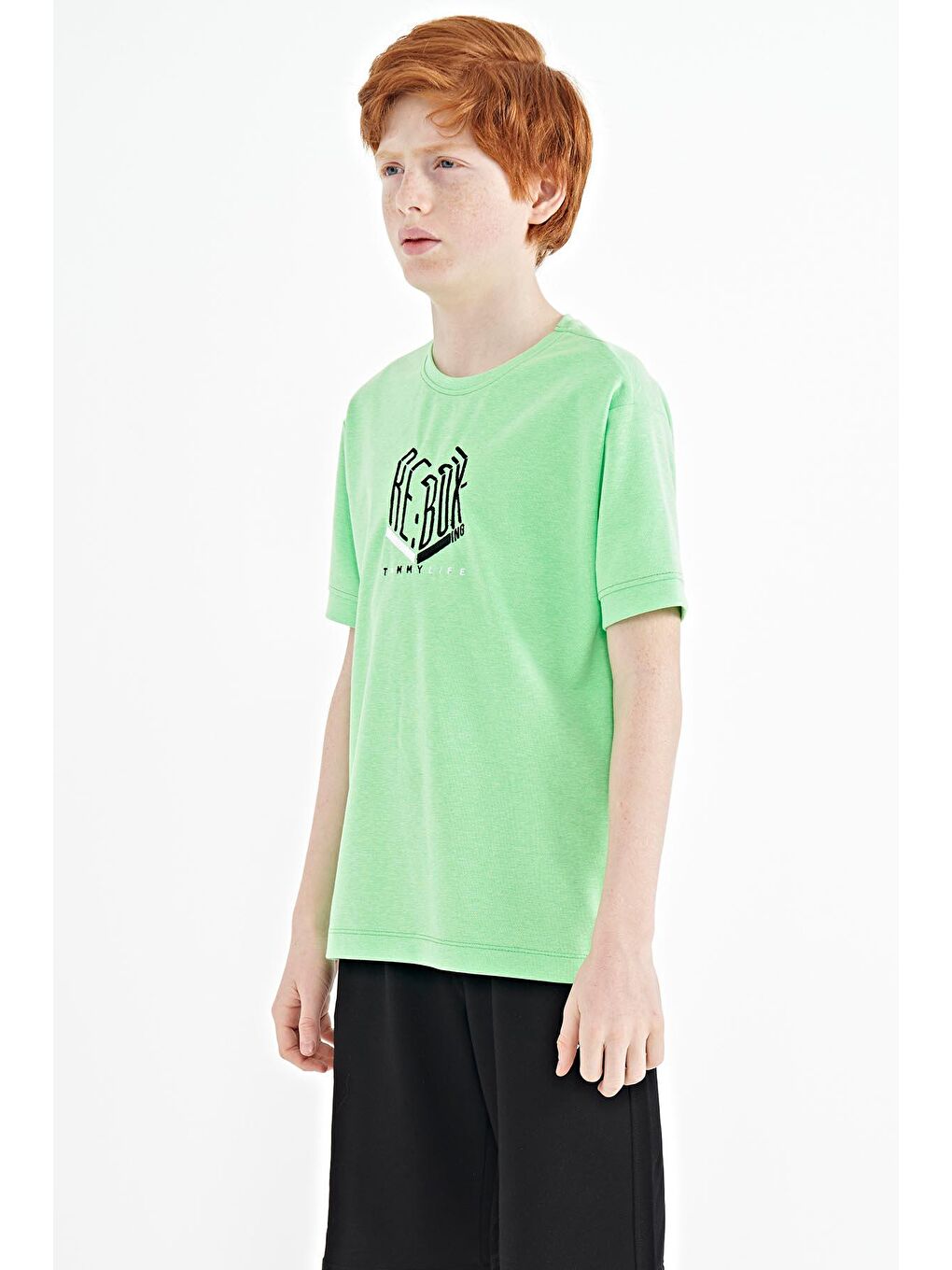 TOMMYLIFE Neonyeşil-Yeşil Neon Yeşil Yazı Nakışlı O Yaka Oversize Erkek Çocuk T-Shirt - 11151 - 2