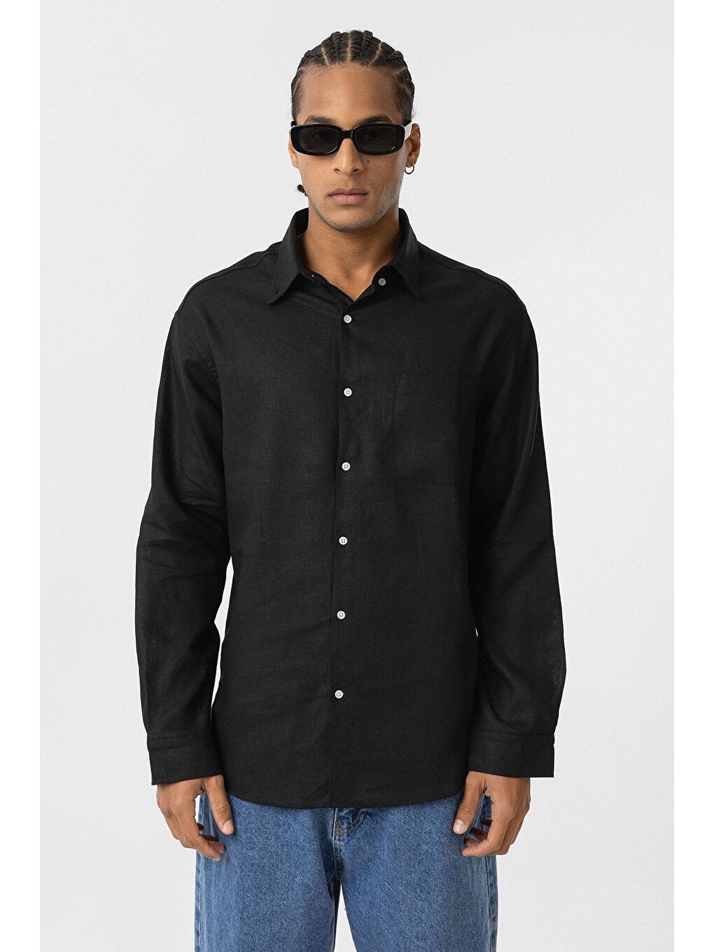 Cep Detaylı Oversize Uzun Kol Gömlek Siyah