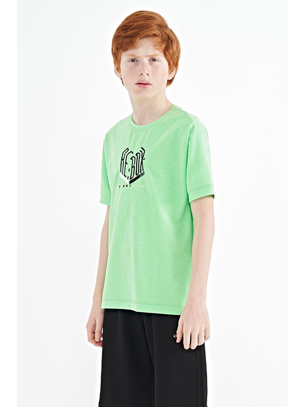 TOMMYLIFE Neonyeşil-Yeşil Neon Yeşil Yazı Nakışlı O Yaka Oversize Erkek Çocuk T-Shirt - 11151 - 3