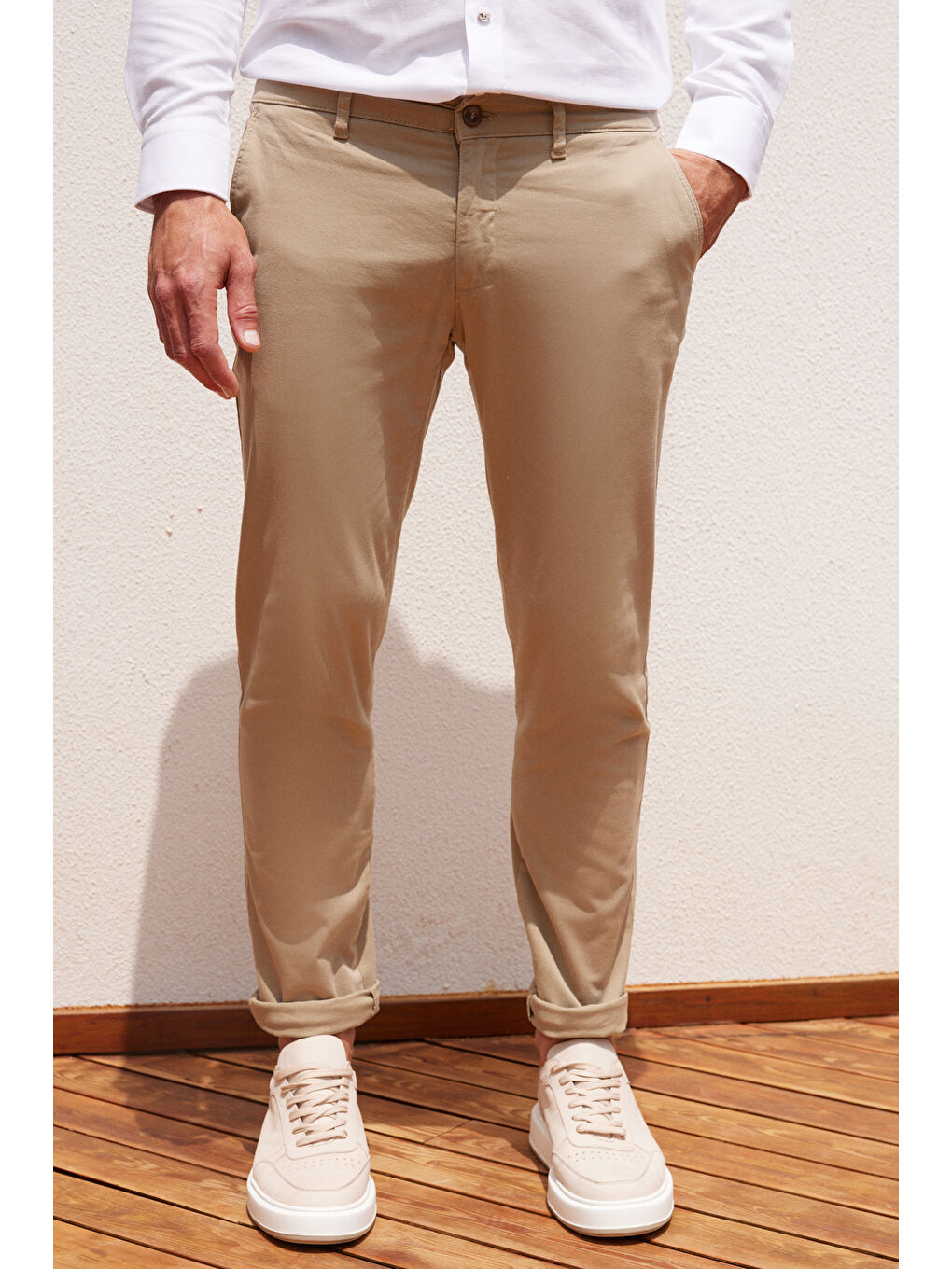 Erkek Bej Slim Fit Dar Kesim Pamuklu Esnek Yan Cep Rahat Chino Pantolon-2
