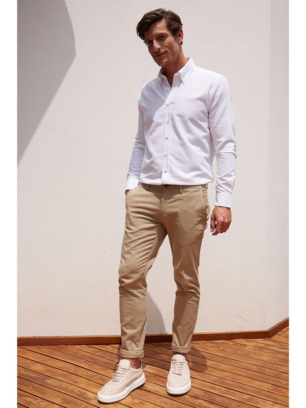 Erkek Bej Slim Fit Dar Kesim Pamuklu Esnek Yan Cep Rahat Chino Pantolon-3