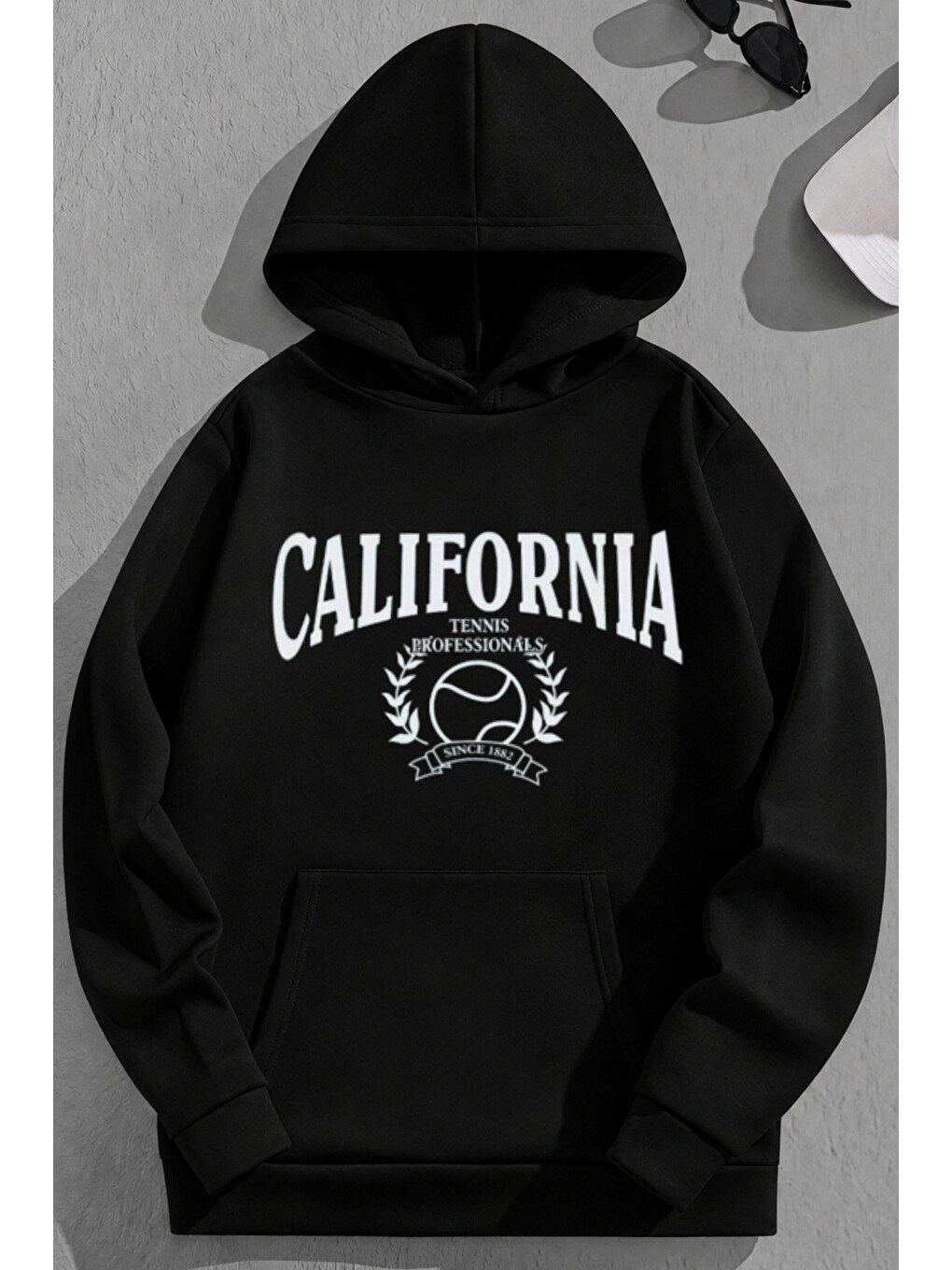 Unisex 3 İplik Pamuklu Siyah Califtennis Baskı Bol Kalıp Sweatshirt Hoodie
