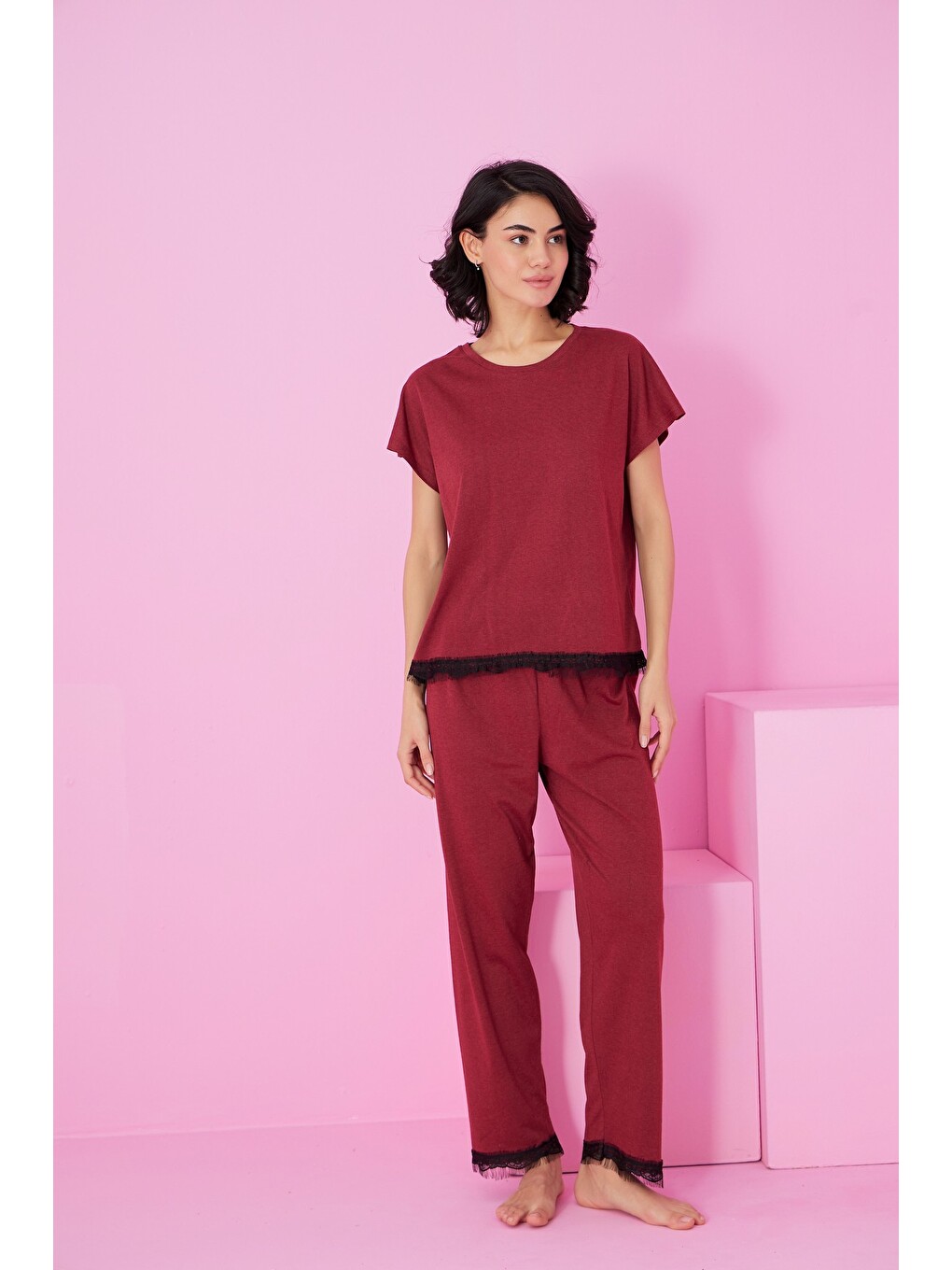 Bordo Dantel Detaylı Bisiklet Yaka Örme Pijama Takım-1