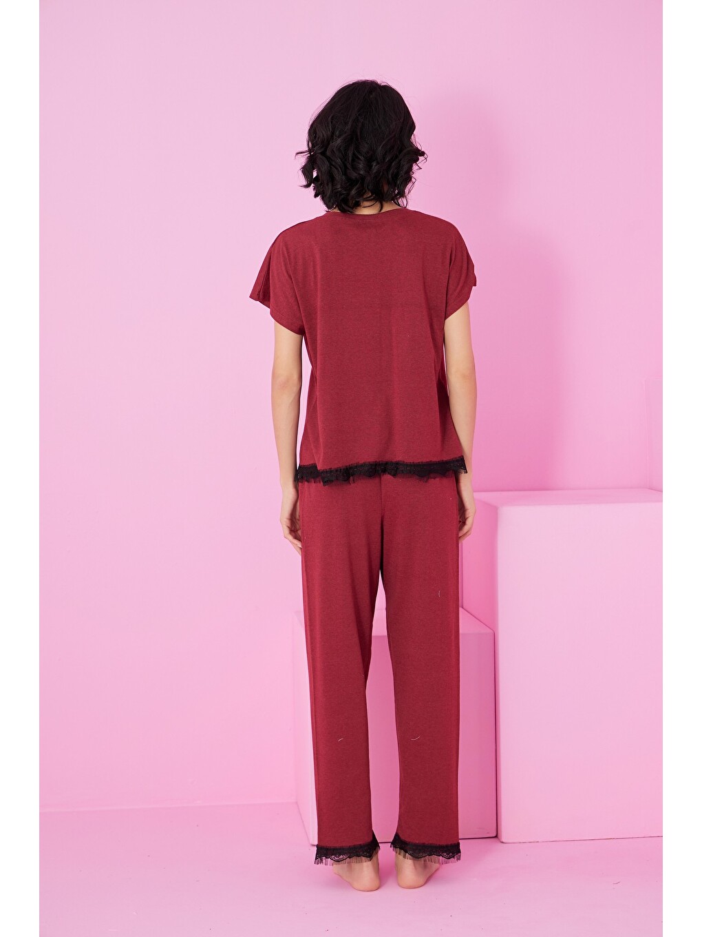 Bordo Dantel Detaylı Bisiklet Yaka Örme Pijama Takım-2
