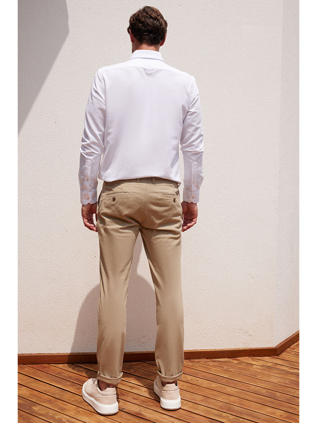 Erkek Bej Slim Fit Dar Kesim Pamuklu Esnek Yan Cep Rahat Chino Pantolon-4