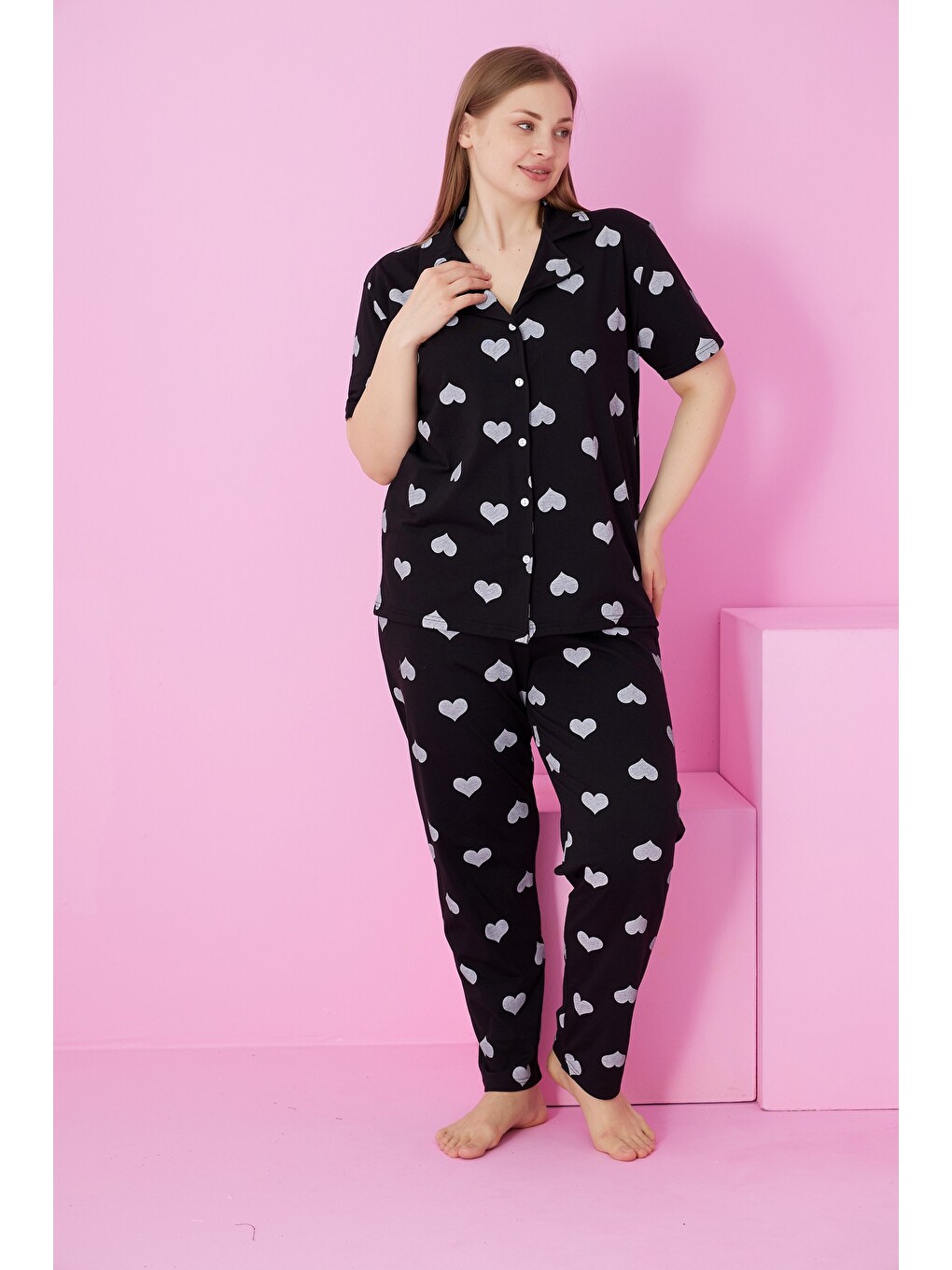 Karışık Beden Battal Boy Düğmeli Örme Pijama Takım-1