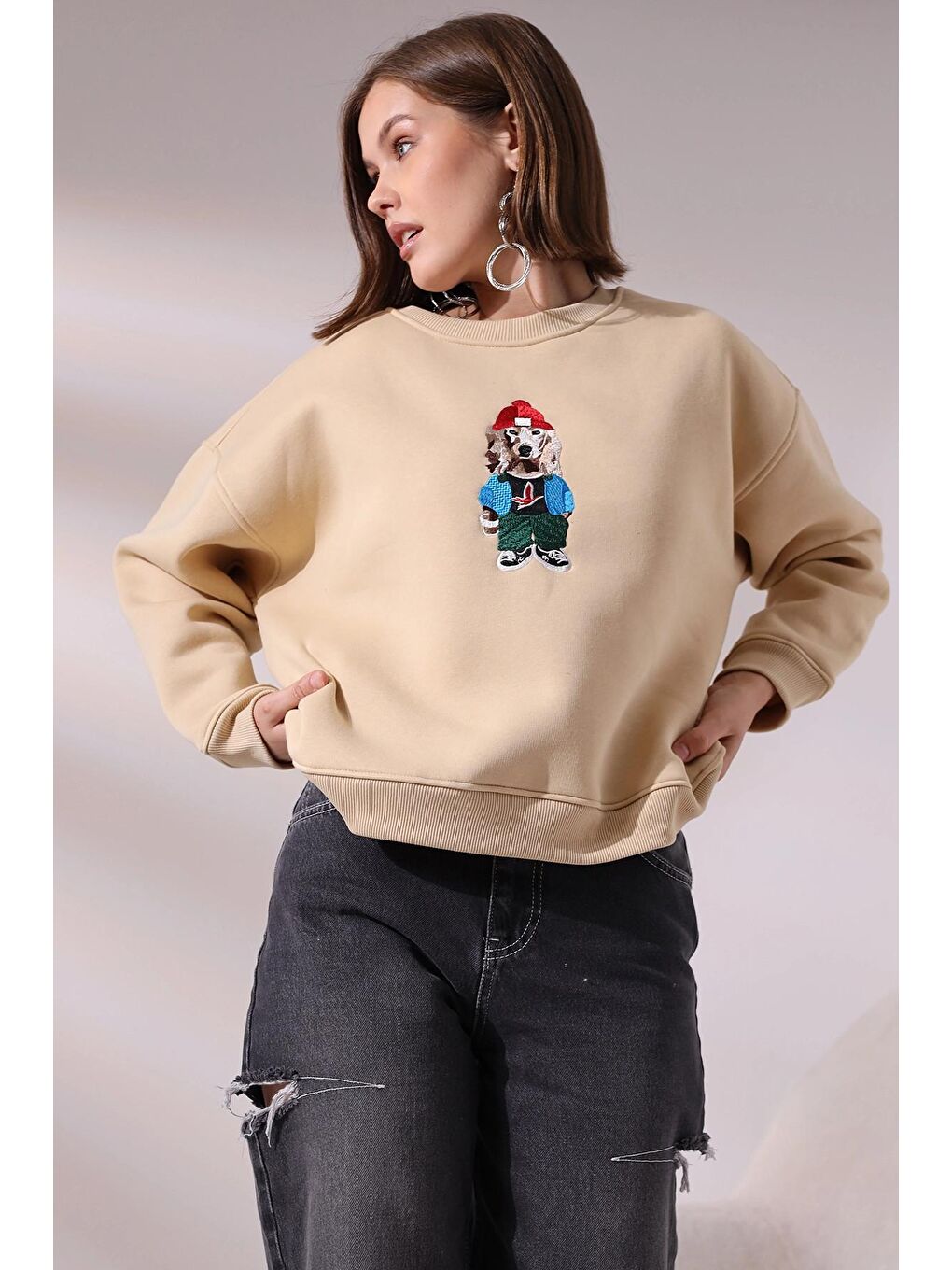 Bej Köpek Baskılı Sweatshirt-3