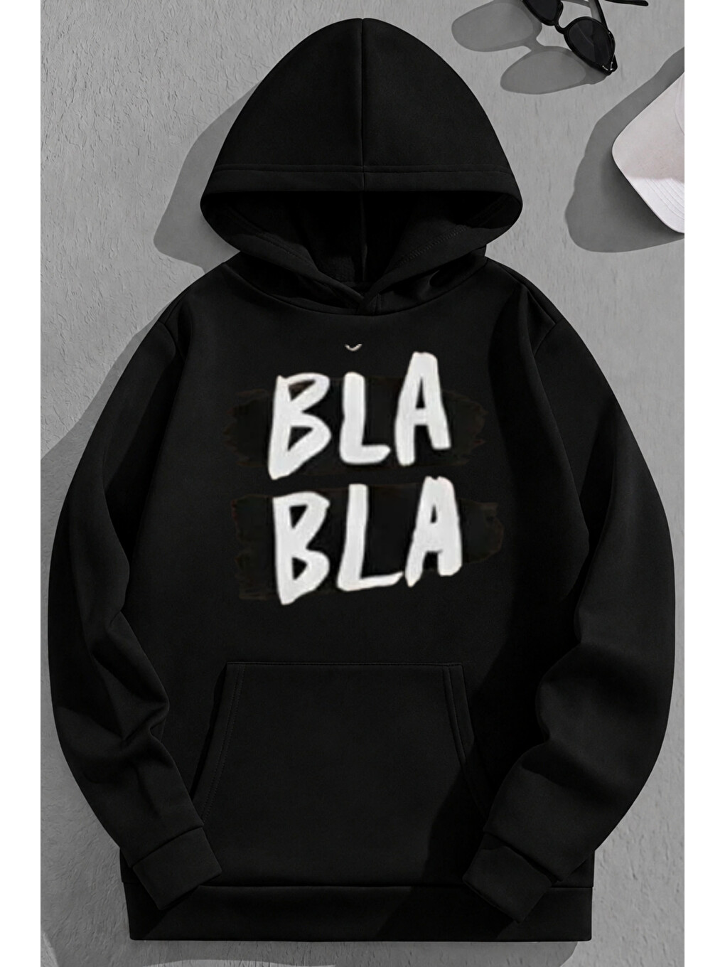 Unisex 3 İplik Pamuklu Siyah Blabla Baskı Bol Kalıp Sweatshirt Hoodie