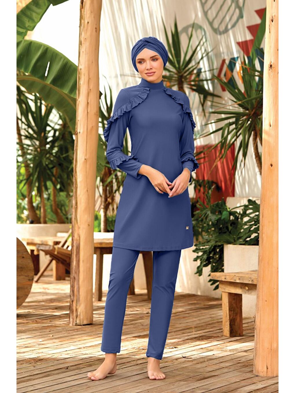 Fırfır Tasarım Likralı Tam Kapalı Tesettür Mayo Mırına 4104 Açık Lacivert