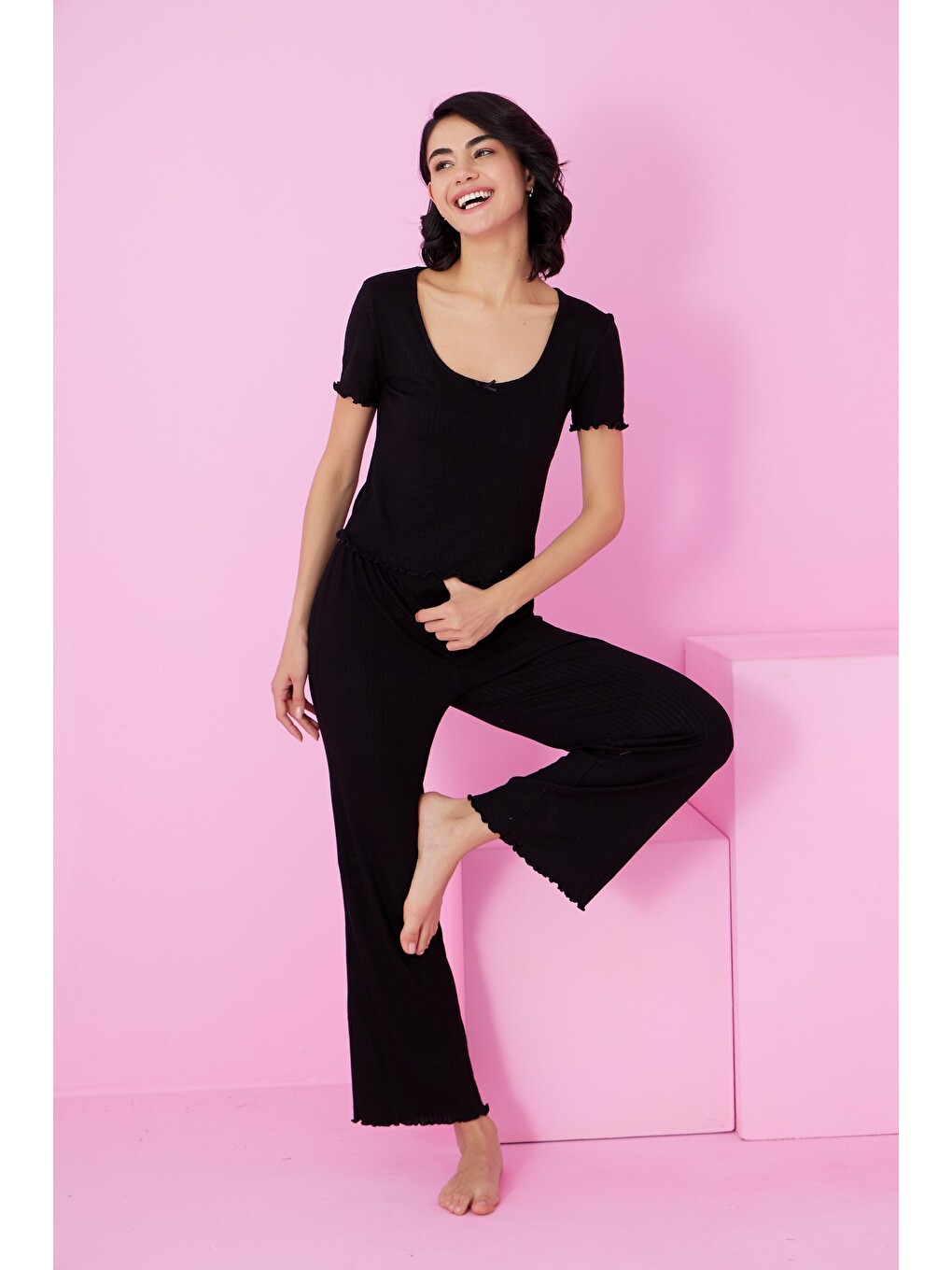 Siyah Soft Touch İnce Mevsimlik Örme Pijama Takım7869-1