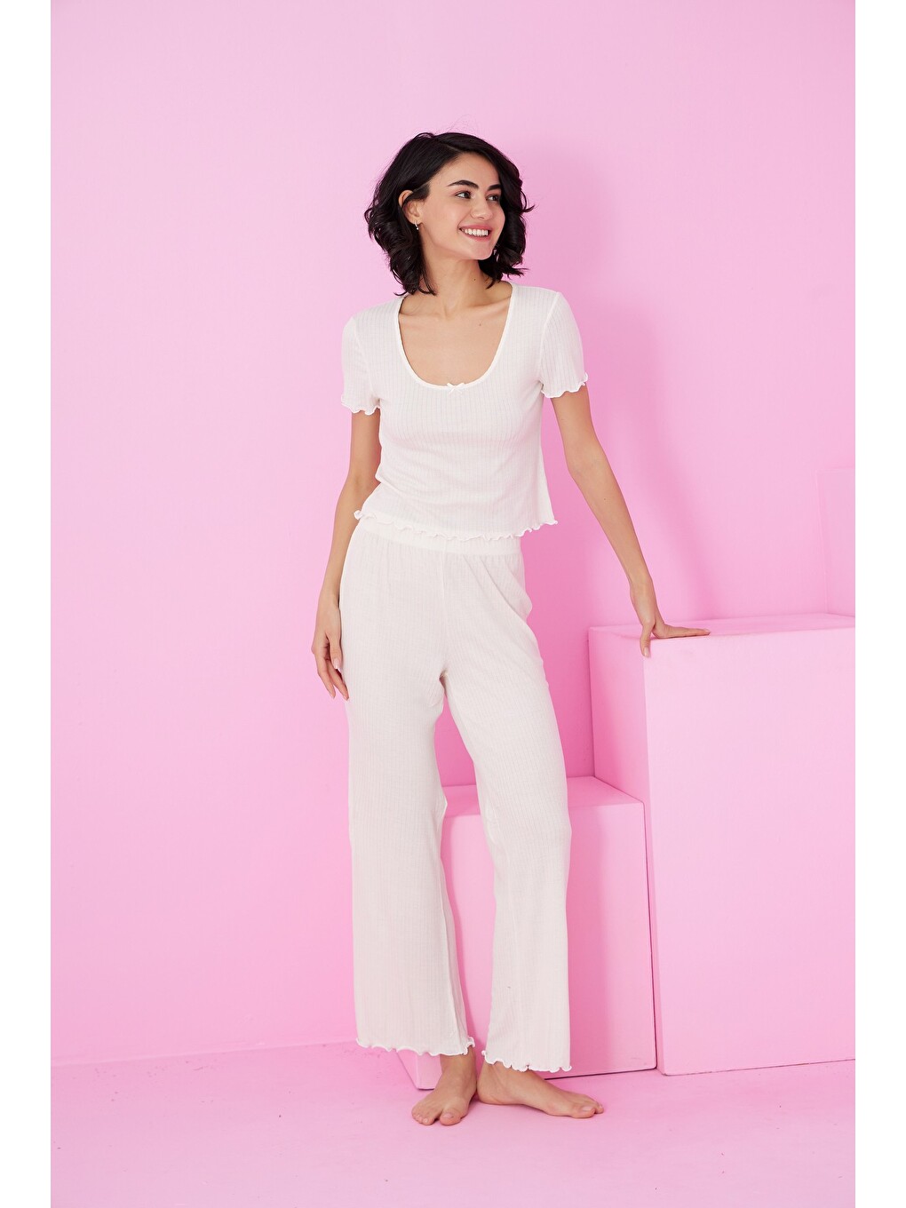 Ekru Soft Touch İnce Mevsimlik Örme Pijama Takım7869-1