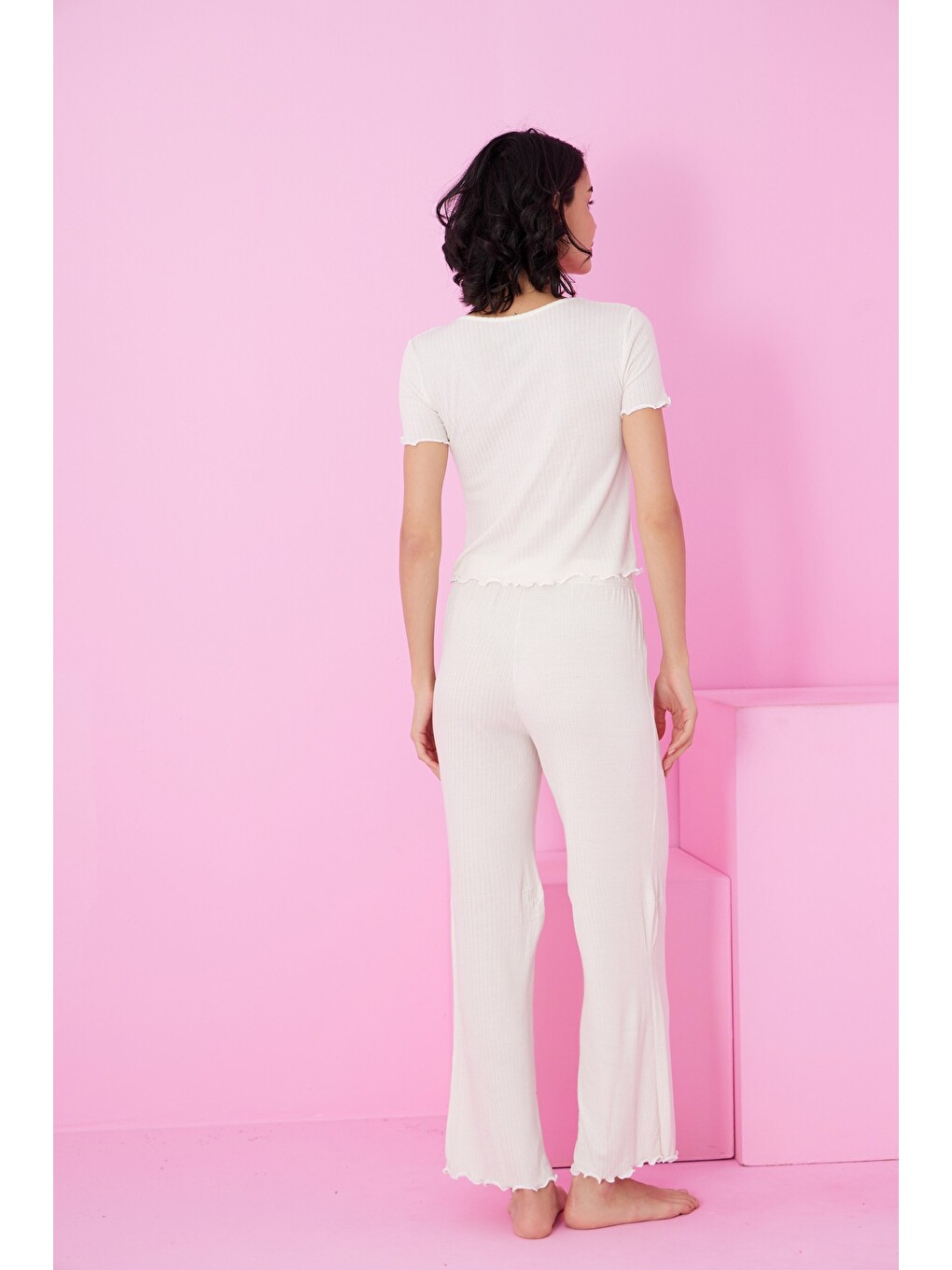 Ekru Soft Touch İnce Mevsimlik Örme Pijama Takım7869-2