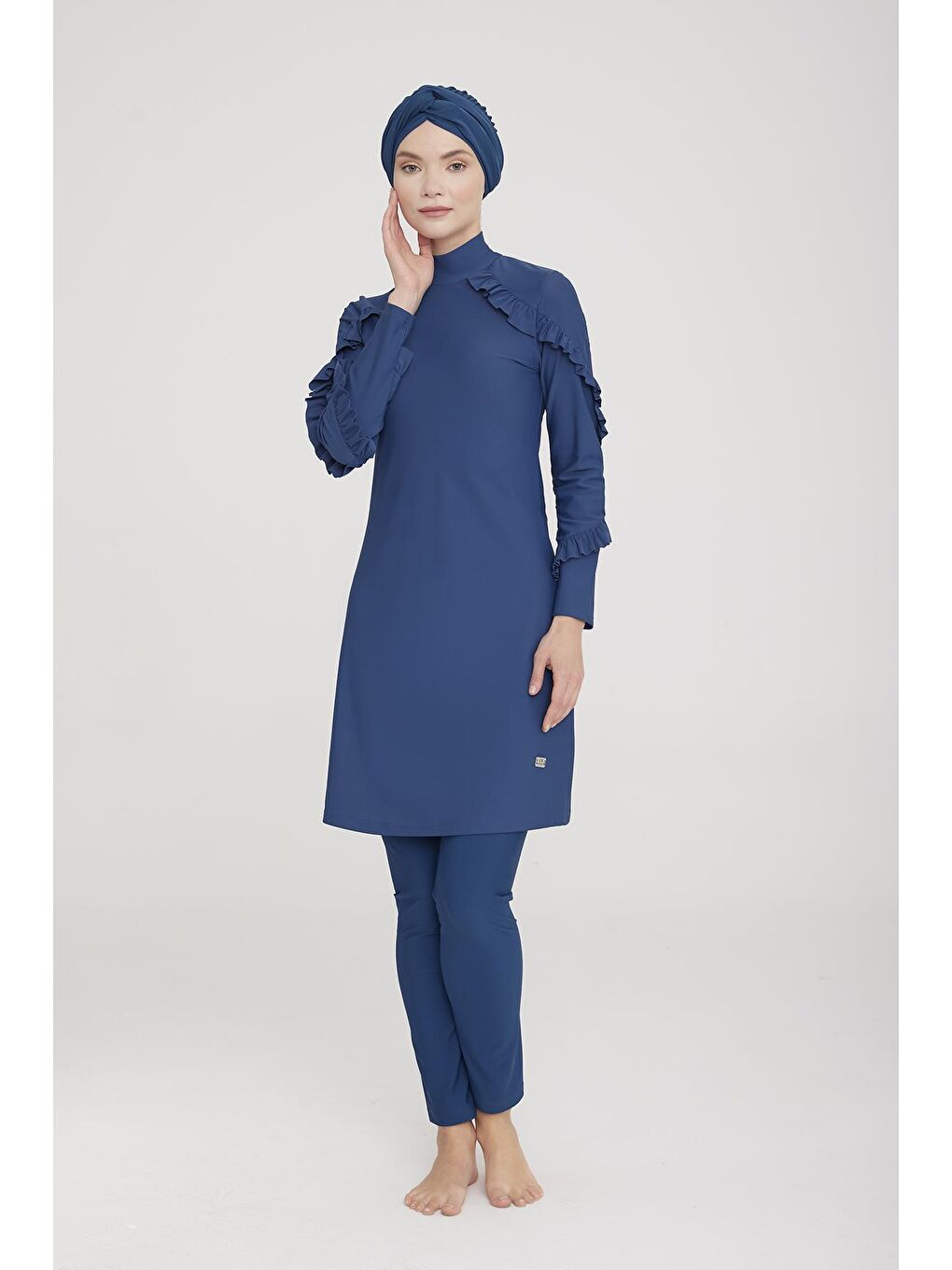 Fırfır Tasarım Likralı Tam Kapalı Tesettür Mayo Mırına 4104 Açık Lacivert-1