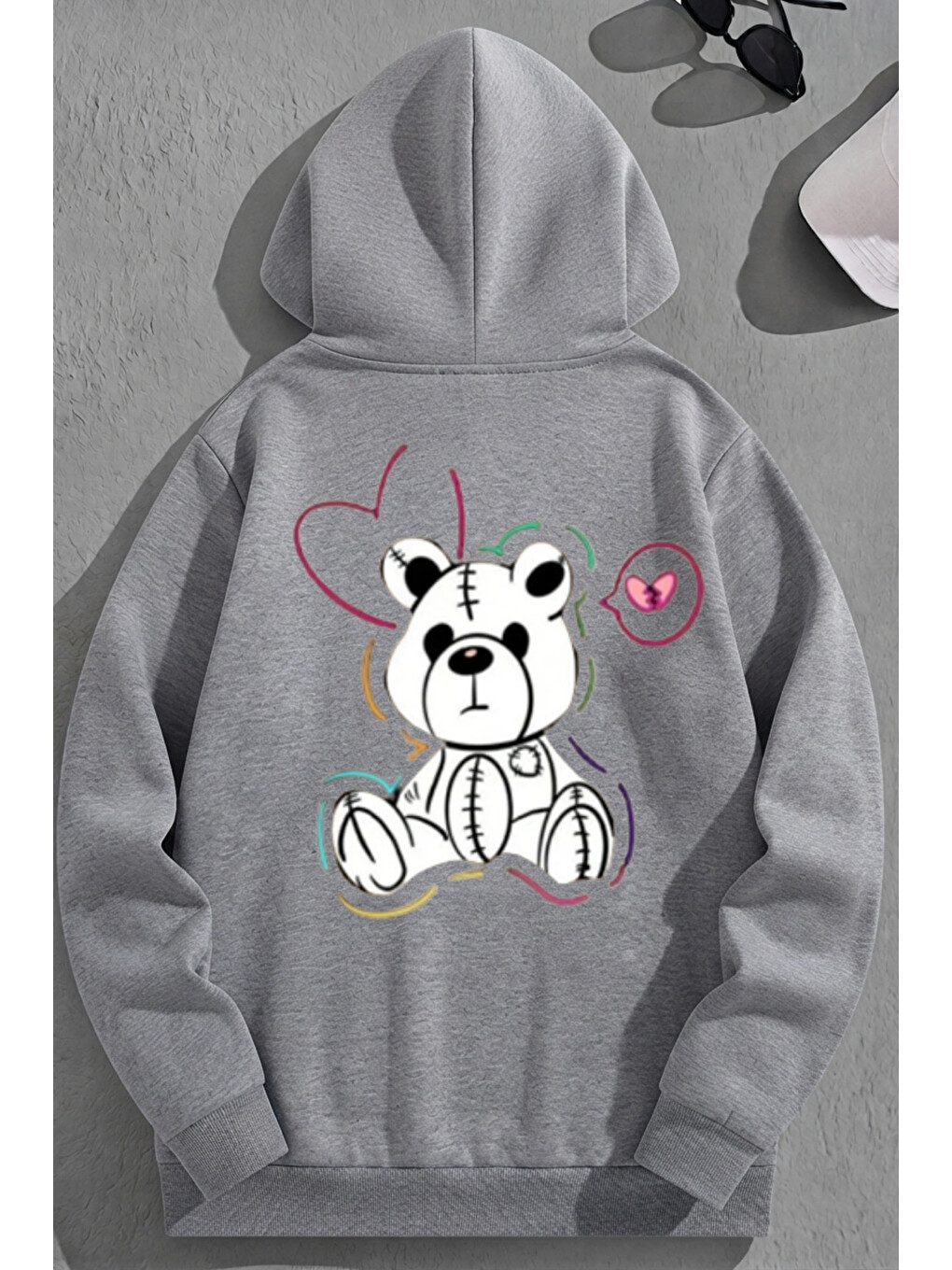 Unisex 3 İplik Pamuklu Gri Sweatbear Baskı Bol Kalıp Sweatshirt Hoodie