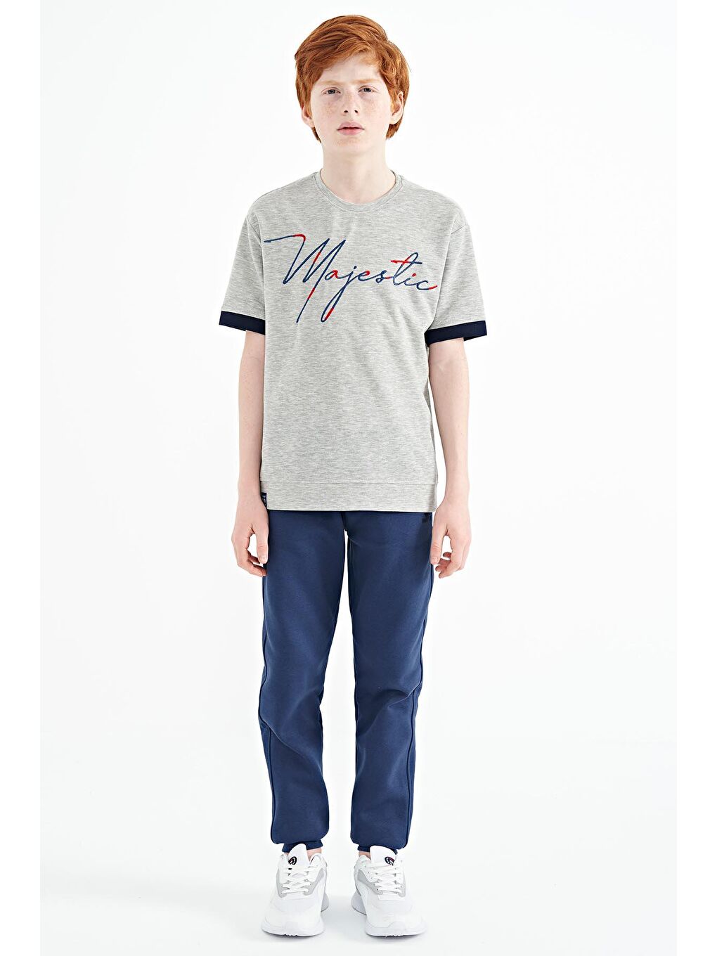 TOMMYLIFE Gri Melanj Ön Yazı Nakışlı O Yaka Oversize Erkek Çocuk T-Shirt - 11147 - 1