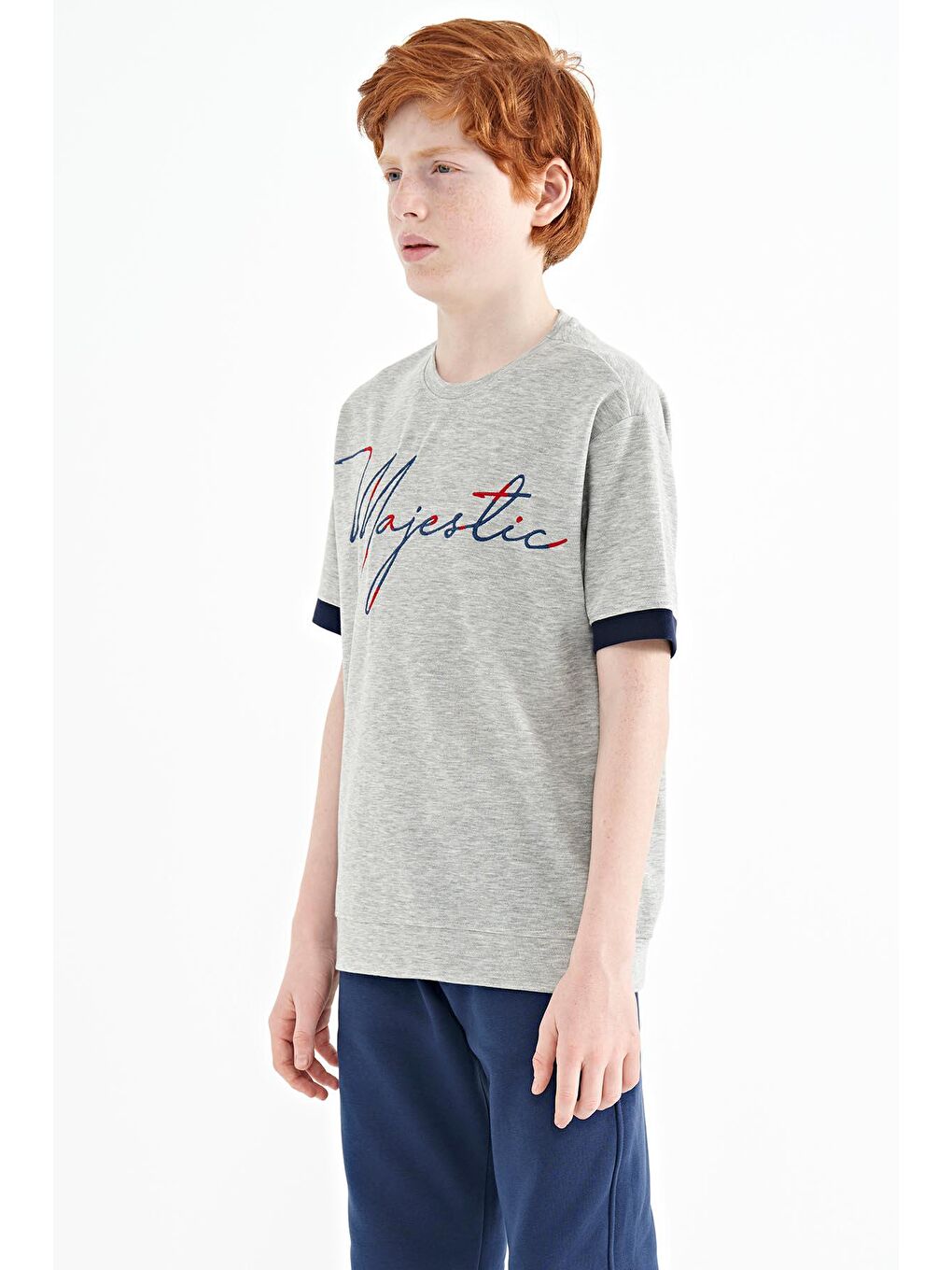 TOMMYLIFE Gri Melanj Ön Yazı Nakışlı O Yaka Oversize Erkek Çocuk T-Shirt - 11147 - 2