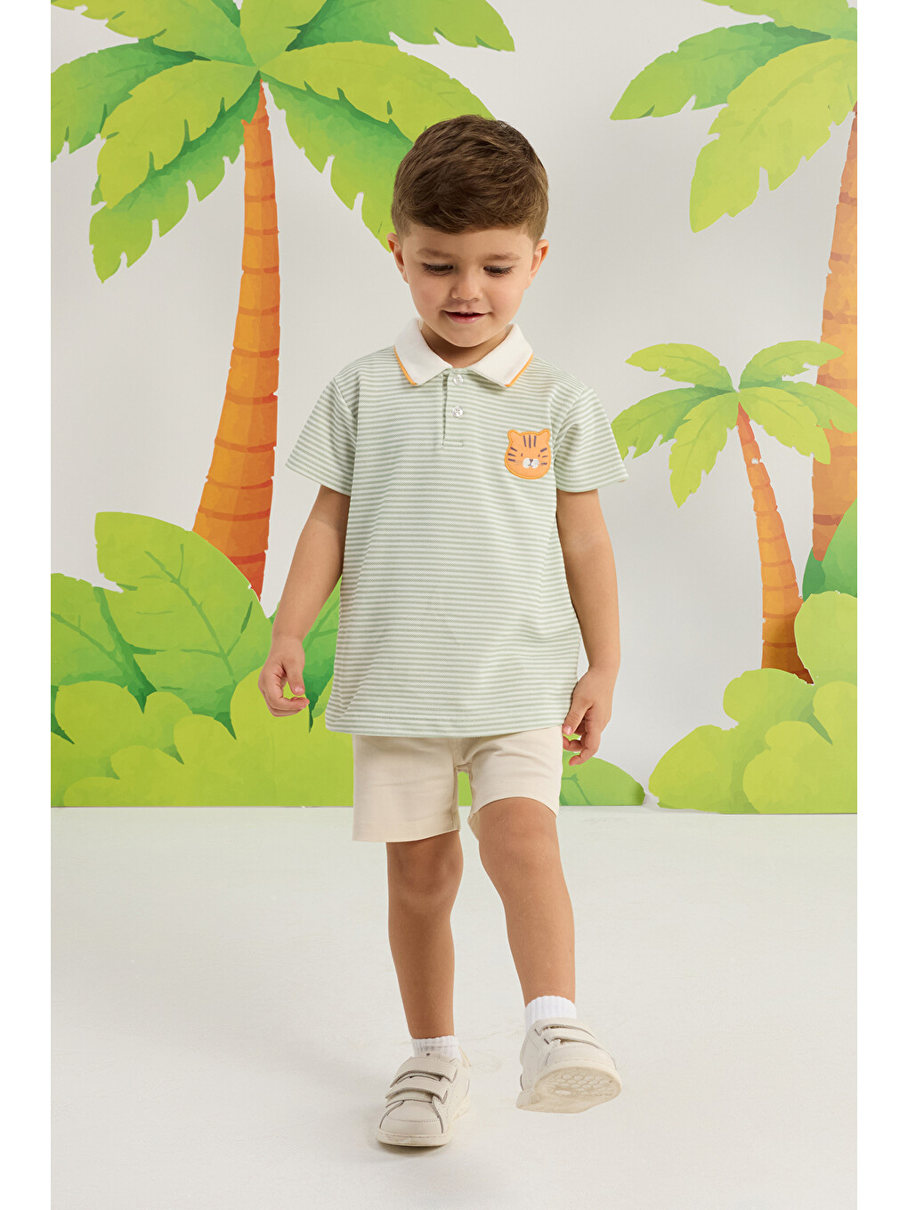 Erkek Bebek Çizgili Pola Yakalı Alt Üst Set 3 Ay-36 Ay Bej-2