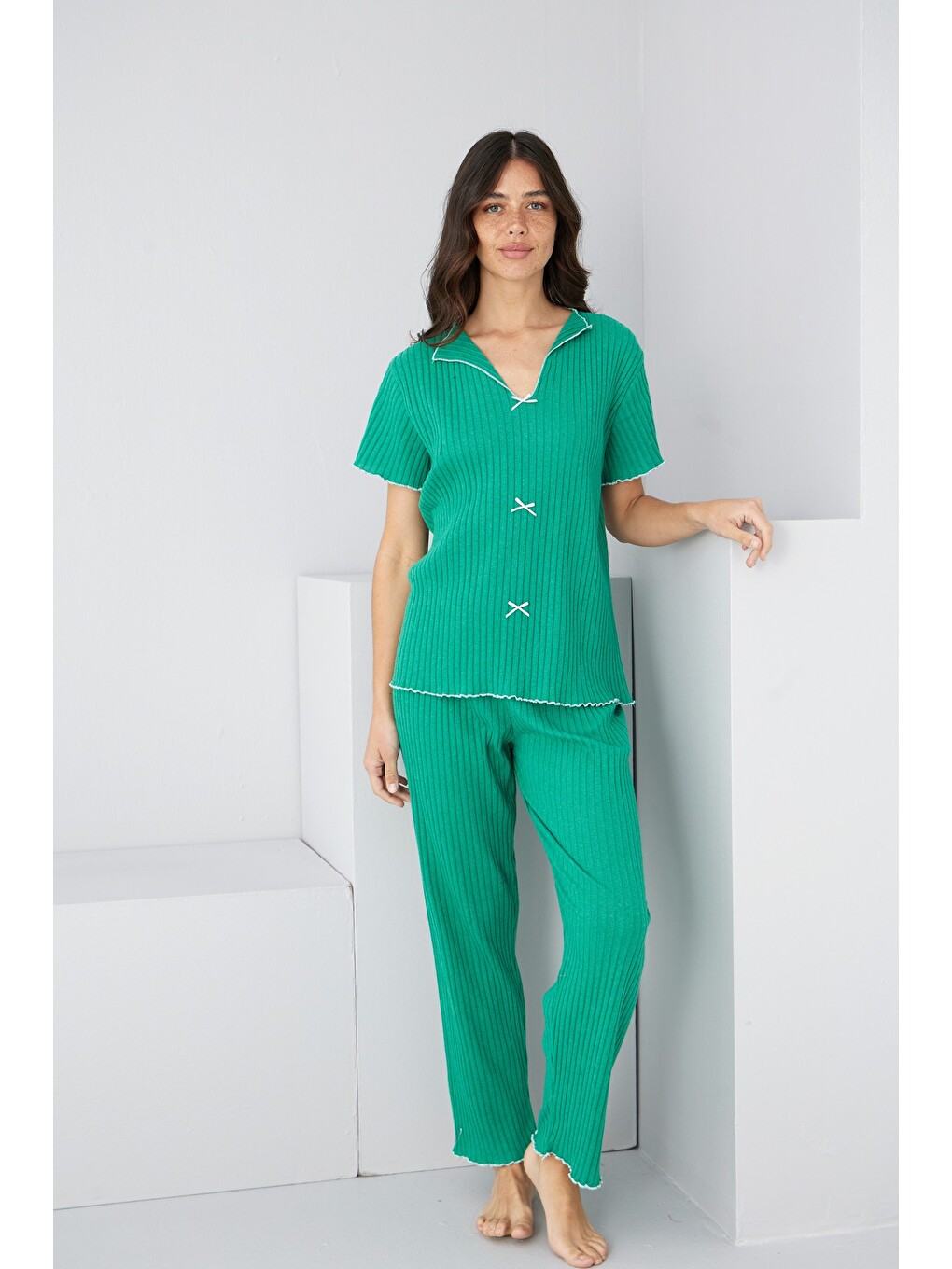 Yeşil Mevsimlik İnce Fiyonklu Pijama Takım7879-1