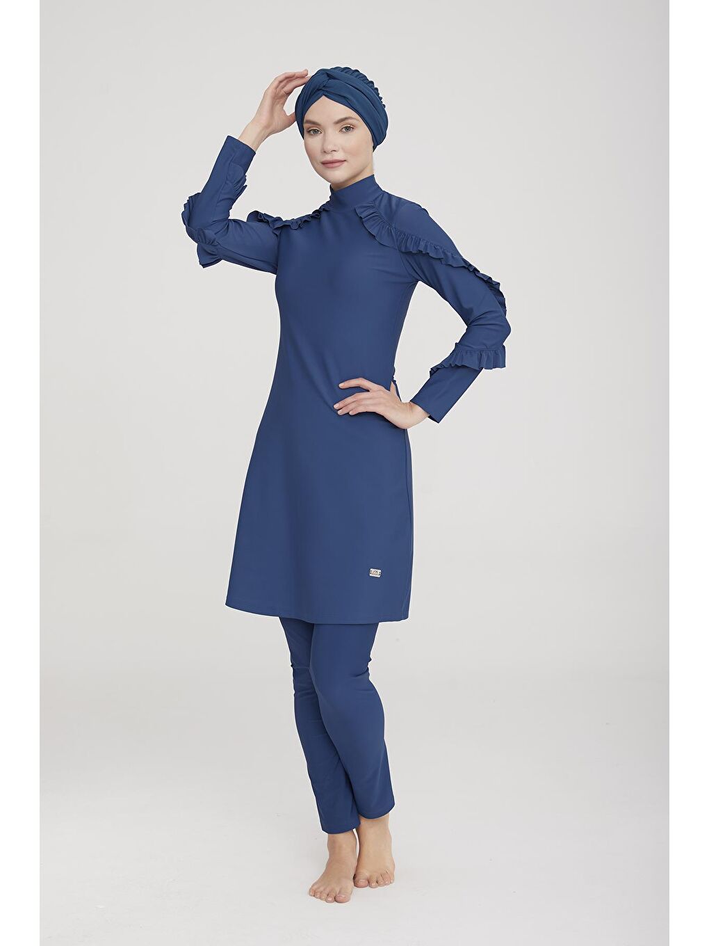 Fırfır Tasarım Likralı Tam Kapalı Tesettür Mayo Mırına 4104 Açık Lacivert-2