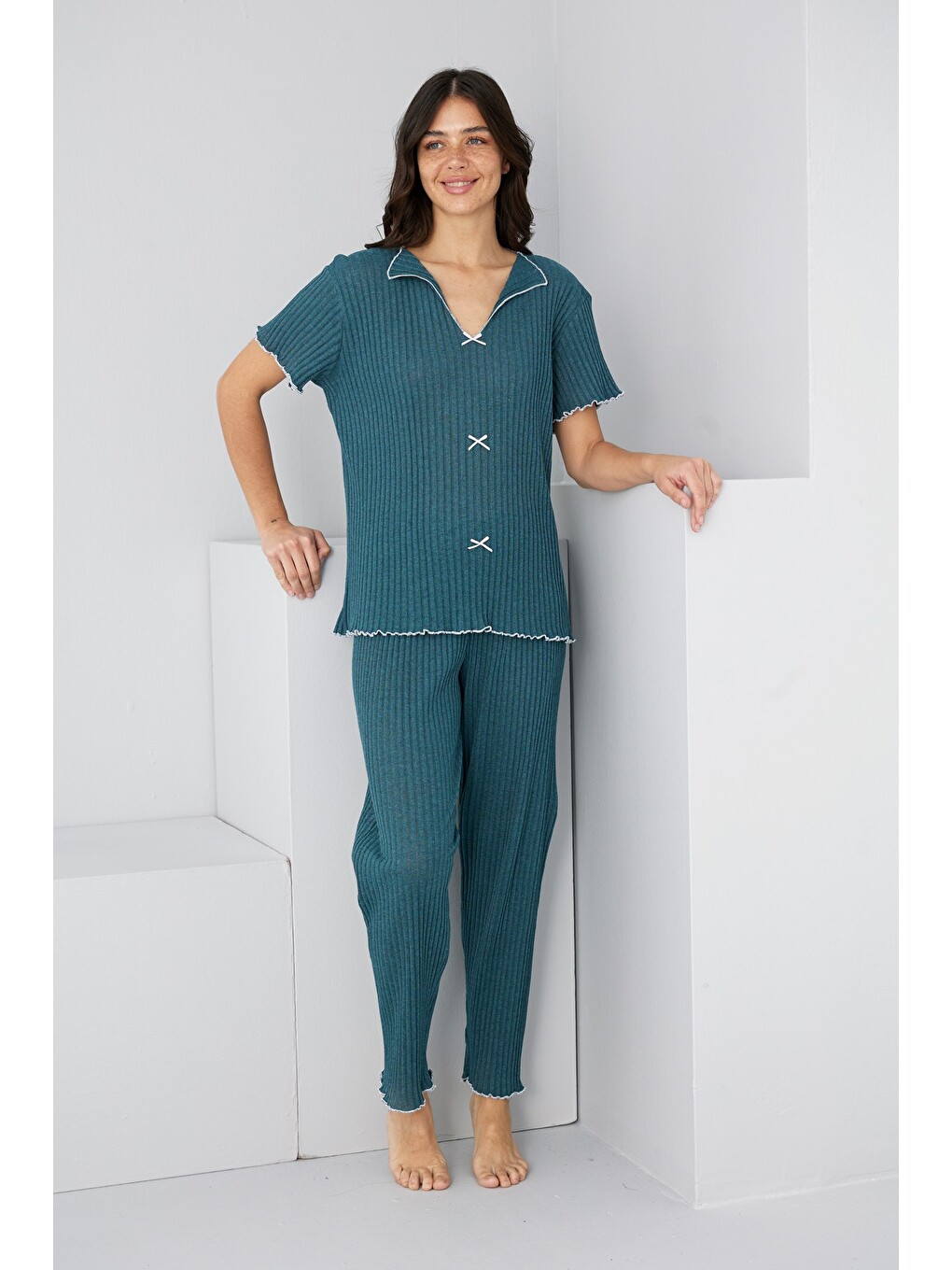 Petrol Mevsimlik İnce Fiyonklu Pijama Takım7879-1