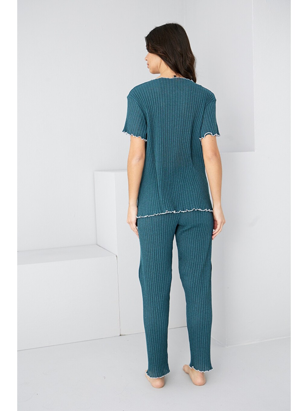 Petrol Mevsimlik İnce Fiyonklu Pijama Takım7879-2