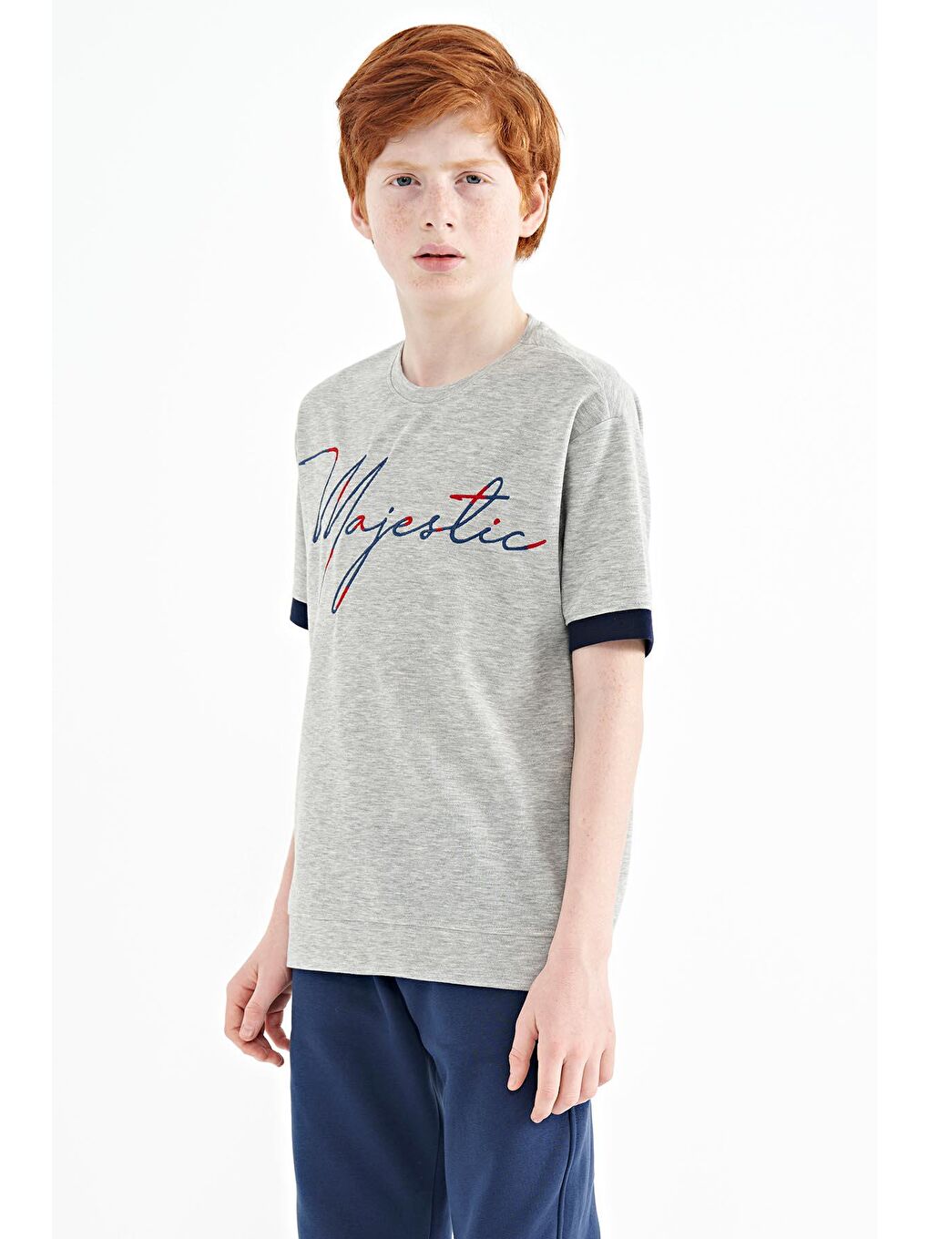 TOMMYLIFE Gri Melanj Ön Yazı Nakışlı O Yaka Oversize Erkek Çocuk T-Shirt - 11147 - 3