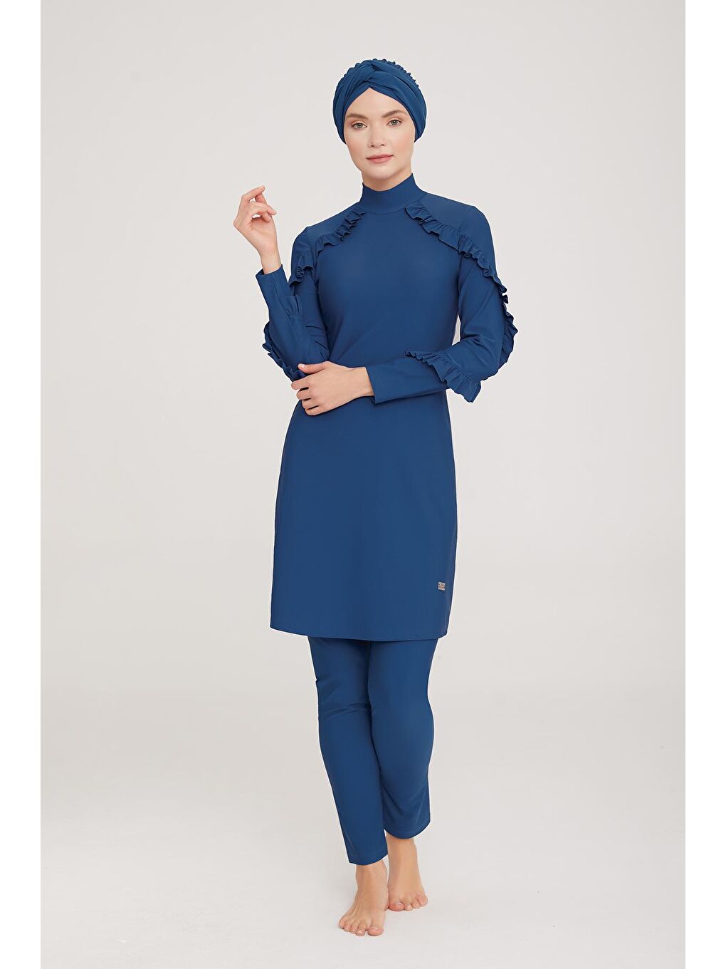 Fırfır Tasarım Likralı Tam Kapalı Tesettür Mayo Mırına 4104 Açık Lacivert-3
