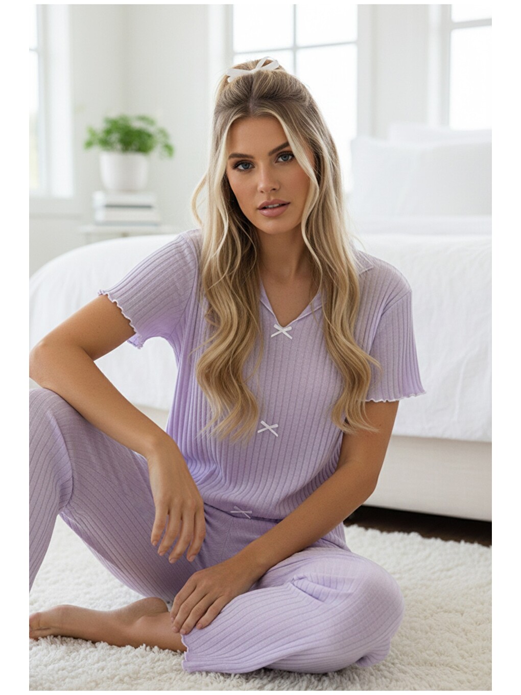 Lila Mevsimlik İnce Fiyonklu Pijama Takım7879