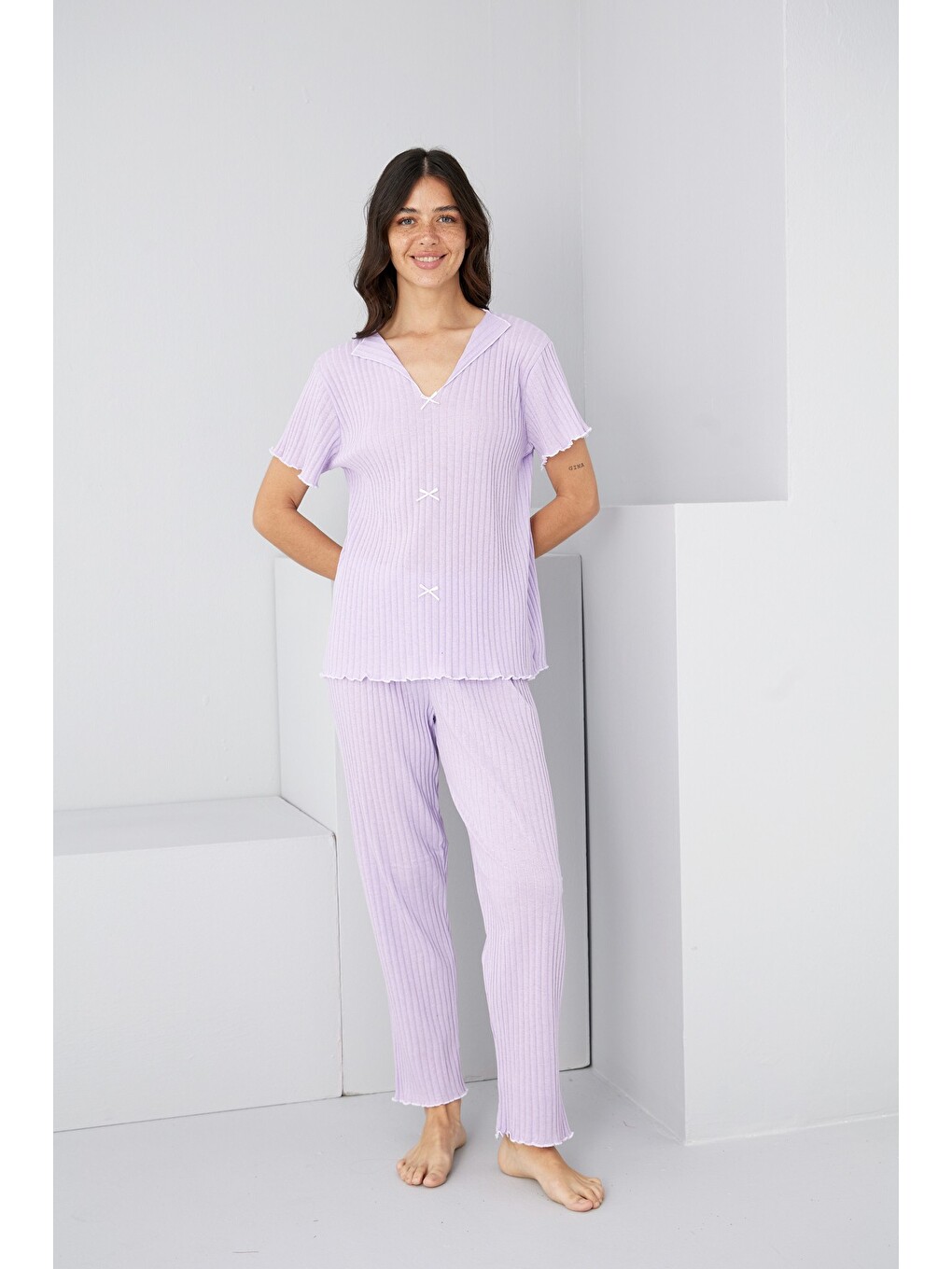 Lila Mevsimlik İnce Fiyonklu Pijama Takım7879-1