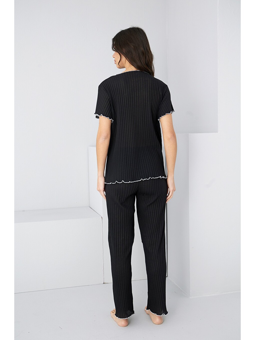 Siyah Mevsimlik İnce Fiyonklu Pijama Takım7879-2