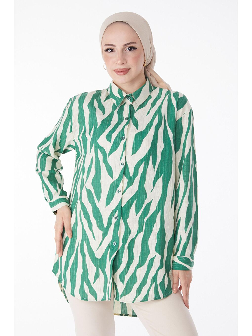 Gömlek Yaka Kadın Yeşil Desenli Gömlek - 25051