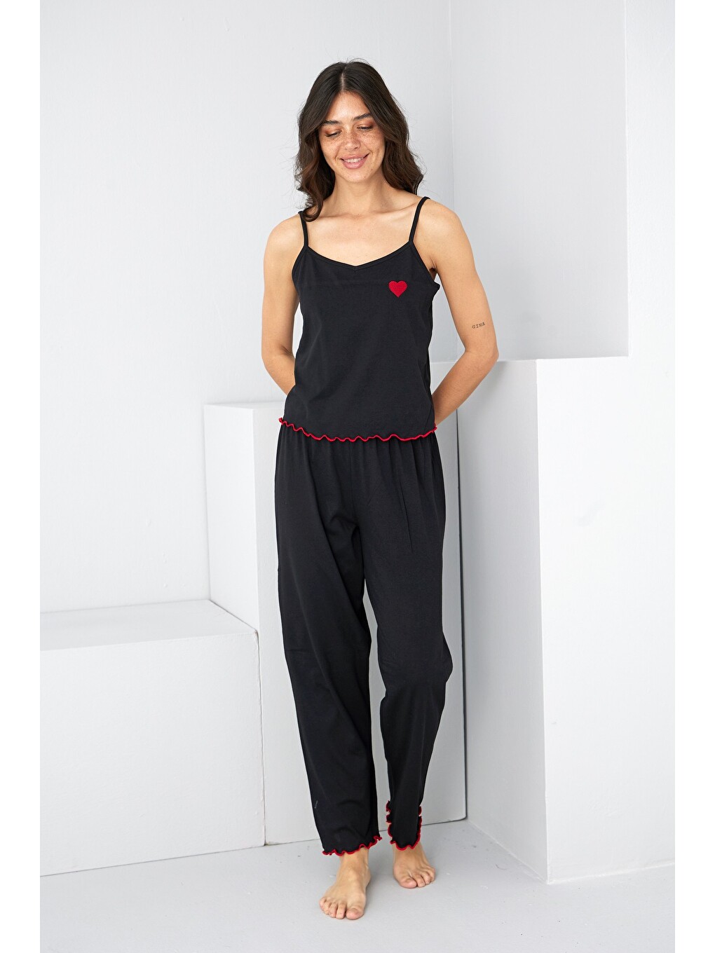 Siyah İp Askılı Örme Pijama Takım 7883-1