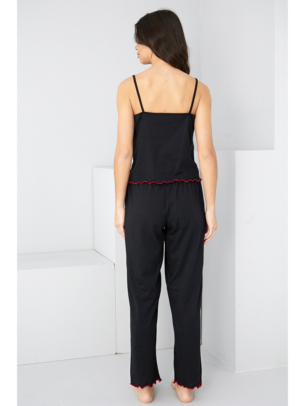 Siyah İp Askılı Örme Pijama Takım 7883-2