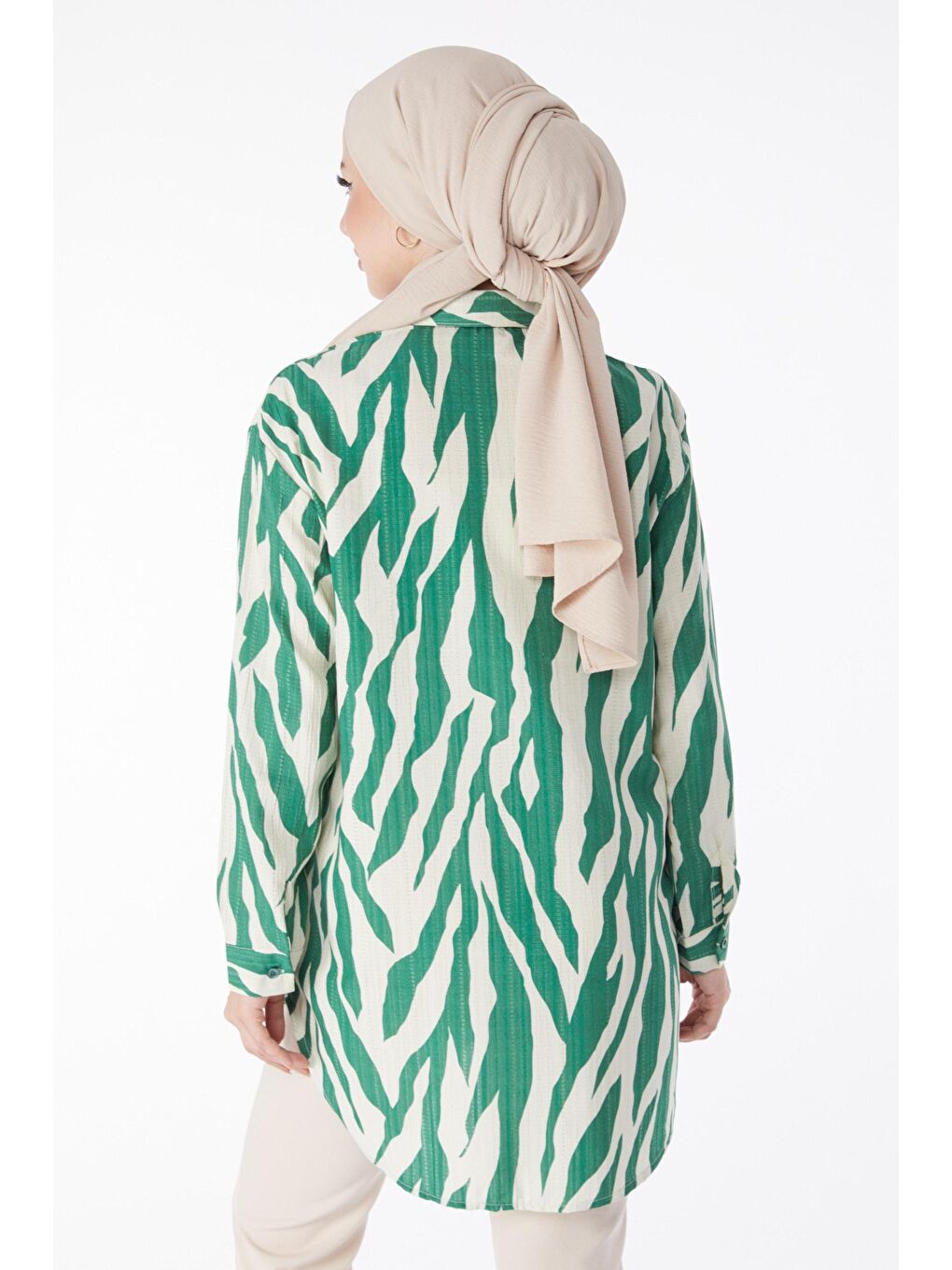 Gömlek Yaka Kadın Yeşil Desenli Gömlek - 25051-3