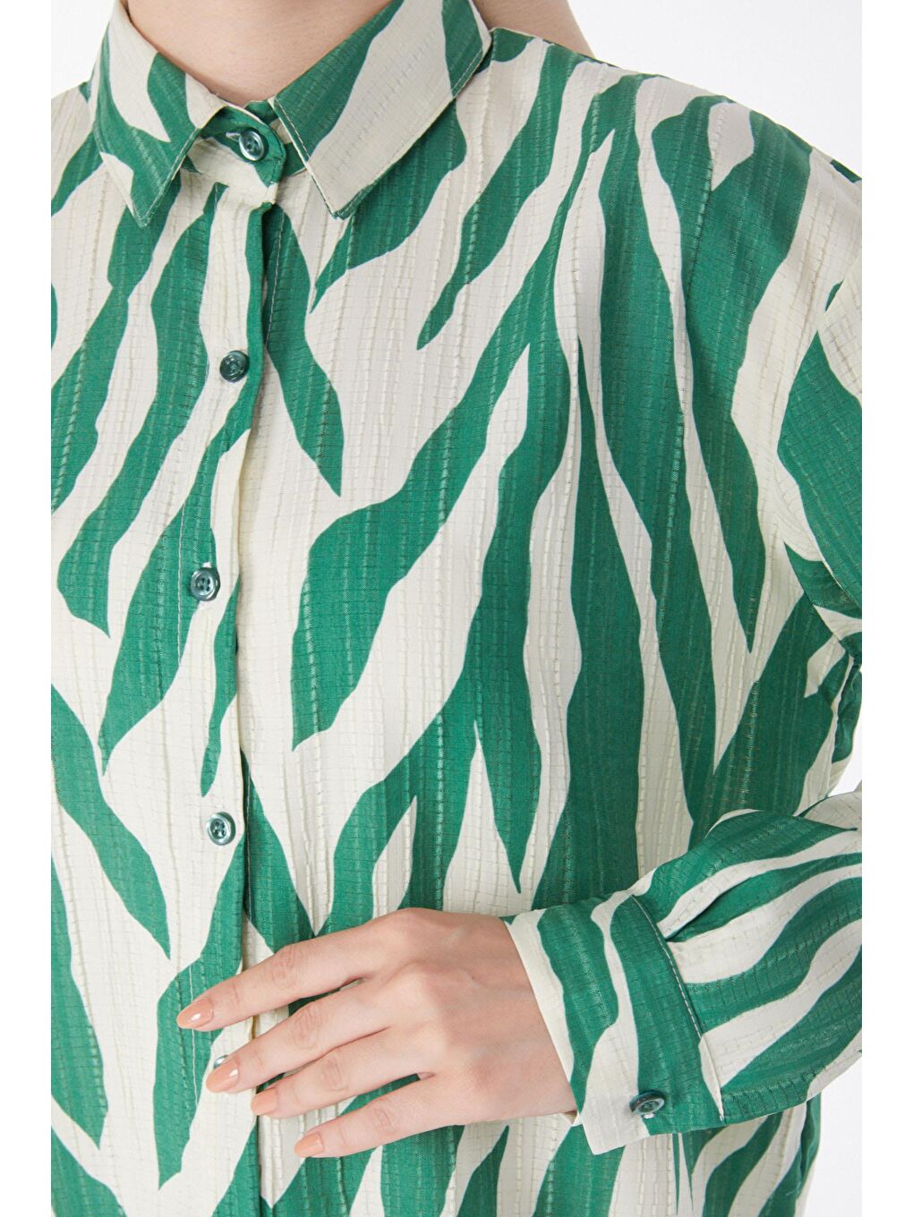 Gömlek Yaka Kadın Yeşil Desenli Gömlek - 25051-4