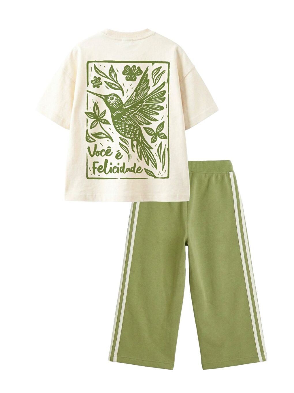 Kız Çocuk Pamuklu Ekru Baskılı T-Shirt Ve Yeşil Şerit Detaylı Alt Üst Takım-1