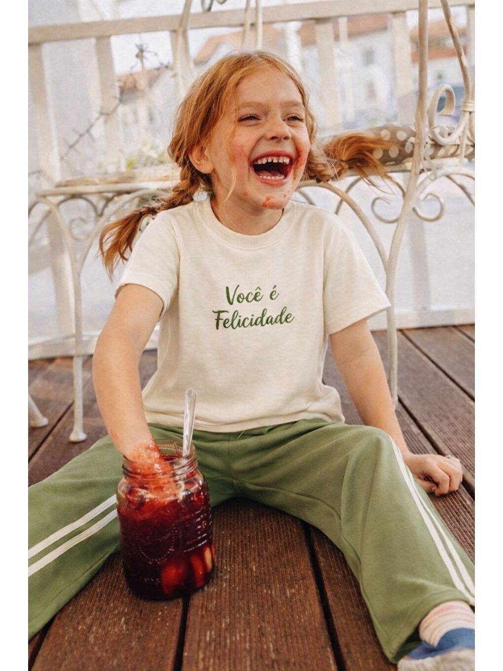 Kız Çocuk Pamuklu Ekru Baskılı T-Shirt Ve Yeşil Şerit Detaylı Alt Üst Takım-2