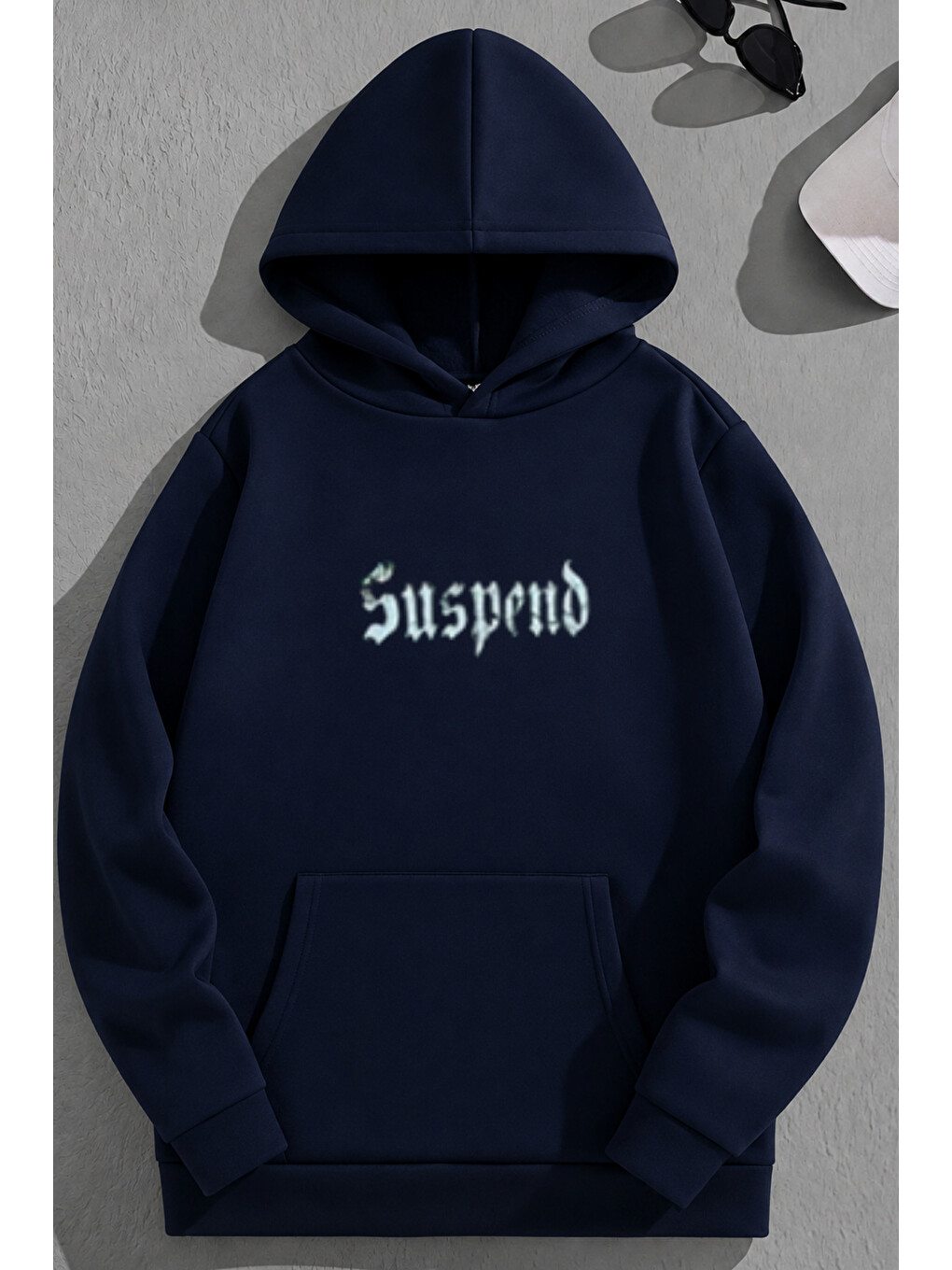 Unisex 3 İplik Pamuklu Lacivert Suspend Baskı Bol Kalıp Sweatshirt Hoodie-1