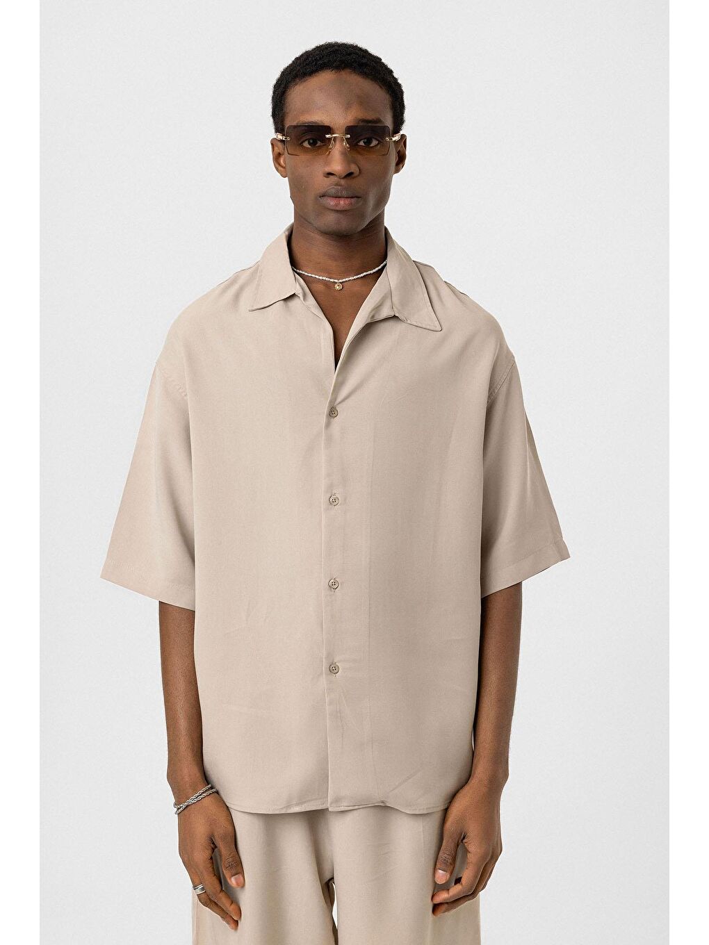 Oversize Lyocell Kumaş Gömlek Bej-2