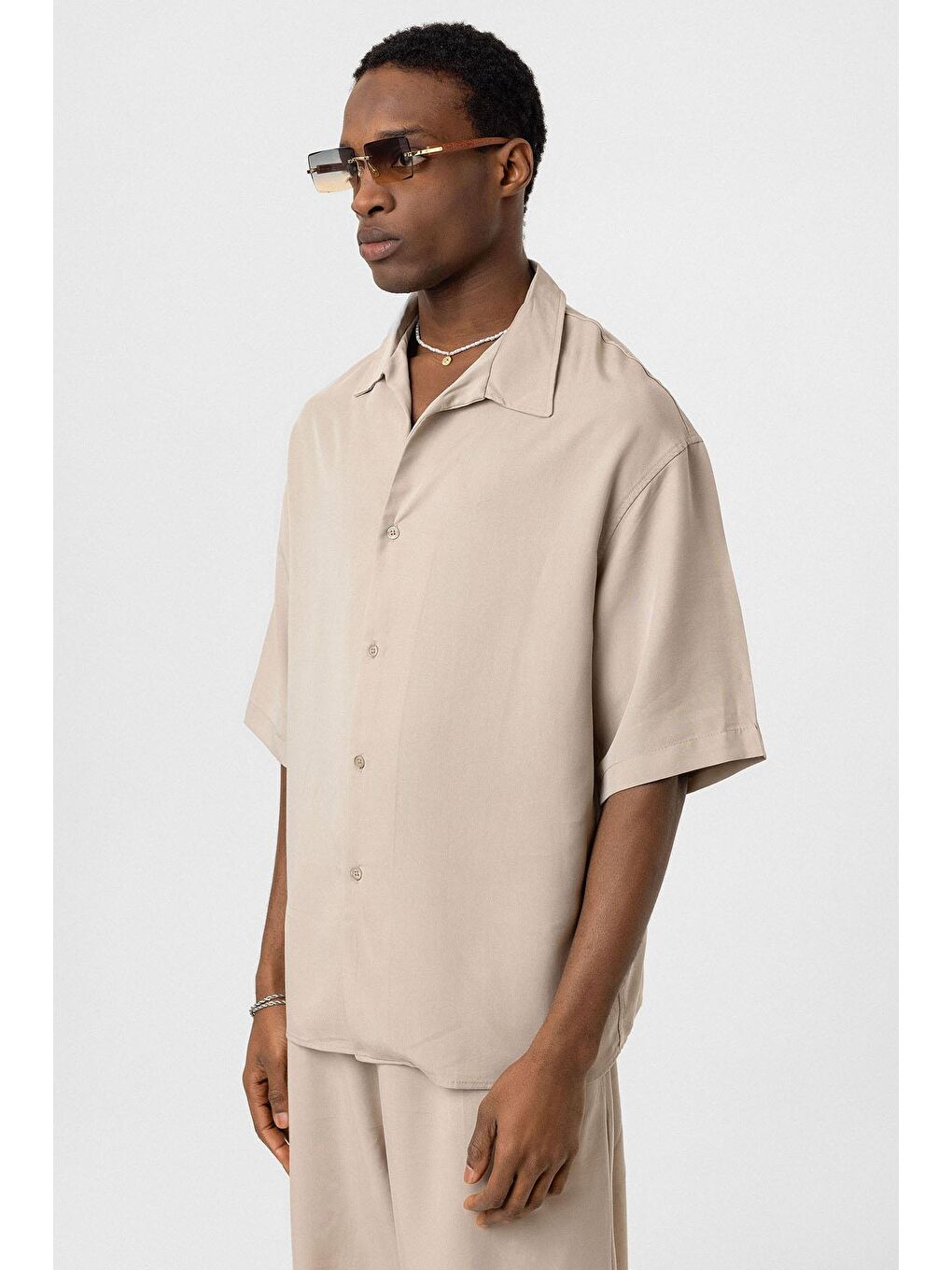 Oversize Lyocell Kumaş Gömlek Bej-3