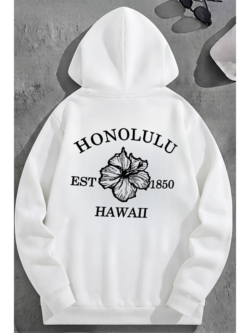 Unisex 3 İplik Pamuklu Beyaz Honolulu Baskı Bol Kalıp Sweatshirt Hoodie