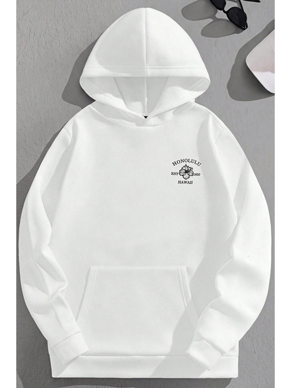 Unisex 3 İplik Pamuklu Beyaz Honolulu Baskı Bol Kalıp Sweatshirt Hoodie-1