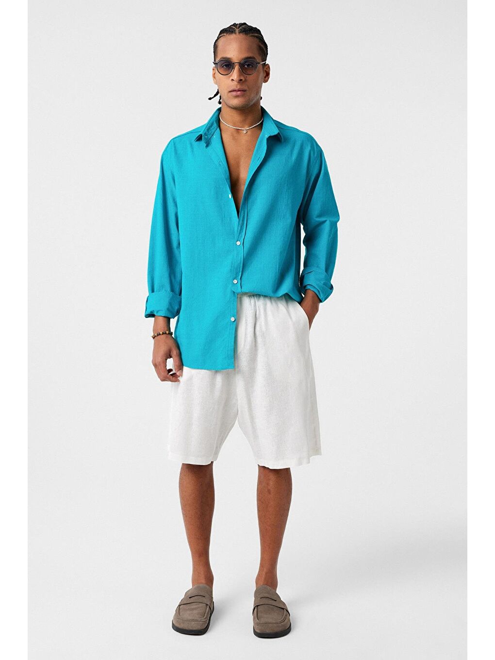 Basic Oversize Pamuk  Keten Gömlek Turkuaz